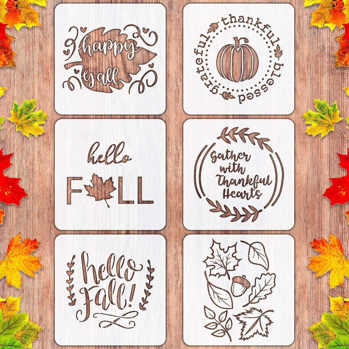 6 PCS Large Fall Stencils, 12 Inch Thanksgiving Stencil for Painting on Wood Reusable Pumpkin Hello Fall Stencils for DIY Wood Signs Farmhouse Home Decor