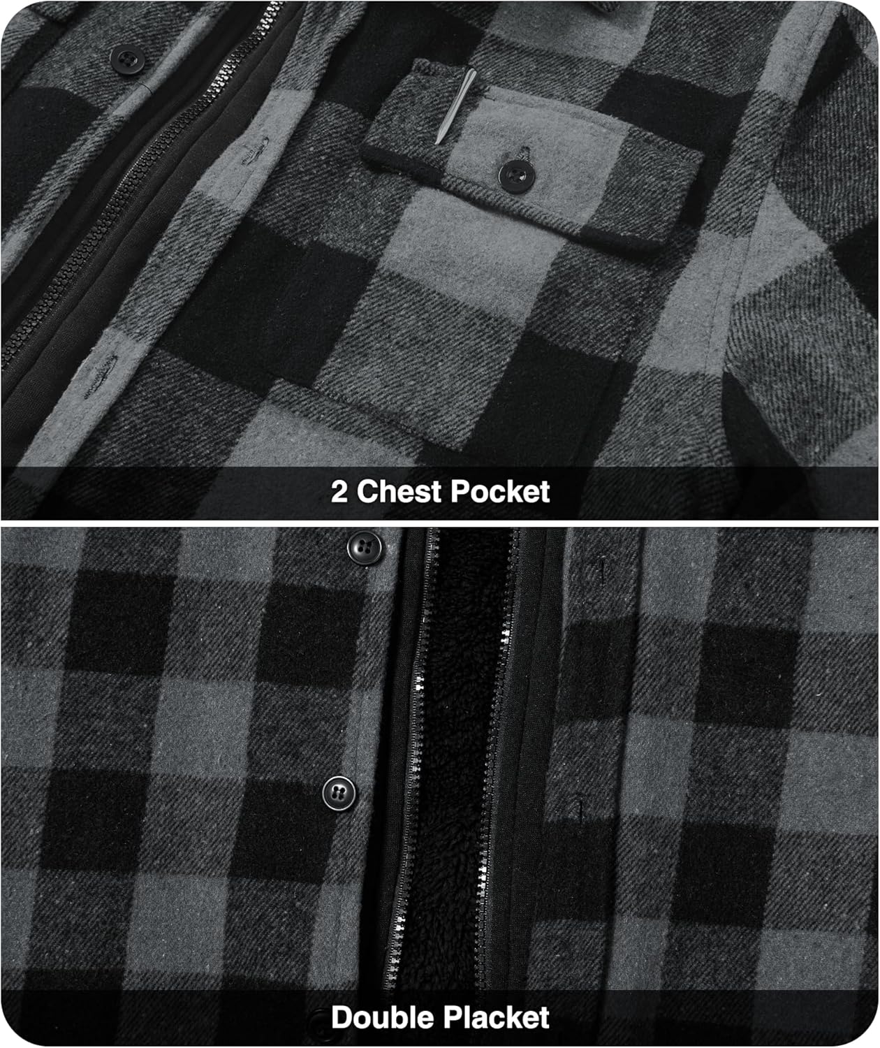 ZITY Mens Sherpa Flannel Shirt Jacket Plaid Fleece Lined Hoodie Full Zip Long Sleeve Winter Warm Coat for Men - Image 6