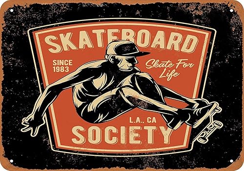 Skateboard Society - Cartel de pared de estaño de Los Ángeles, pintura retro de hierro, decoración de placa de metal vintage, póster de advertencia