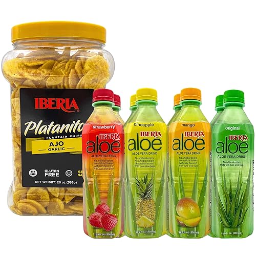 Iberia Chips de plátano de ajo, 20 onzas + bebida de aloe vera iberia con pulpa de aloe puro, variedad, (paquete de 8)