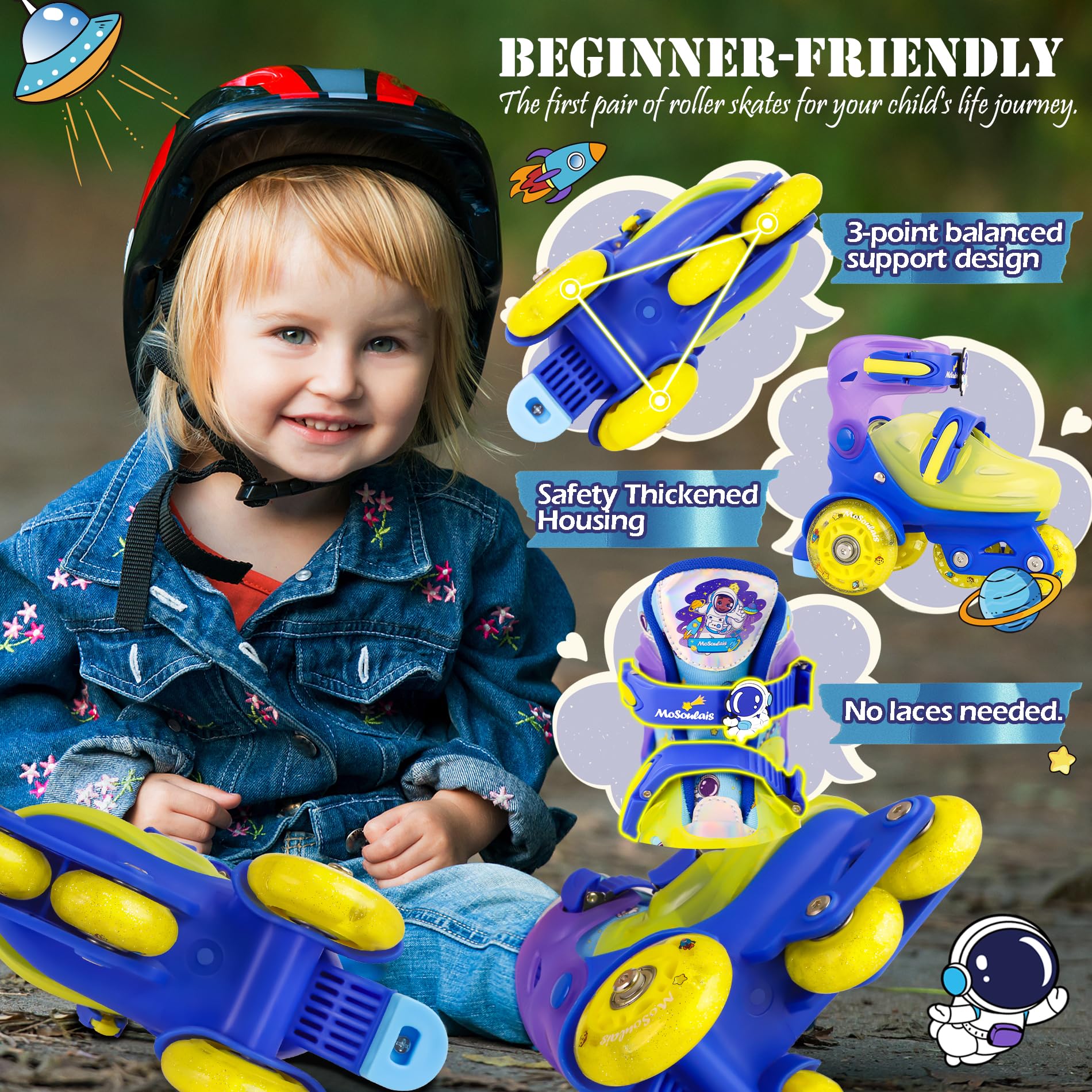 MoSoulais Astronaut Kids Roller Skates Adjustable Toddler Roller Skates with Light Up Wheels Kids Skates Birthday Boys Gift for Youth Children Beginner Ages 5 6 7 8 - Blue S(10.5C-13C)