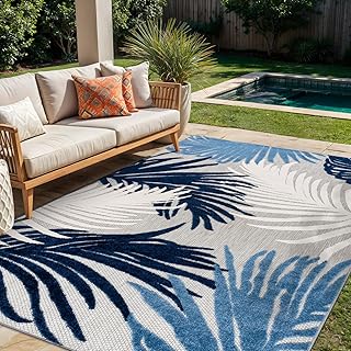 Rugshop Navy Lucca Contemporary Floral Indoor/Outdoor Area Rug Durable P...