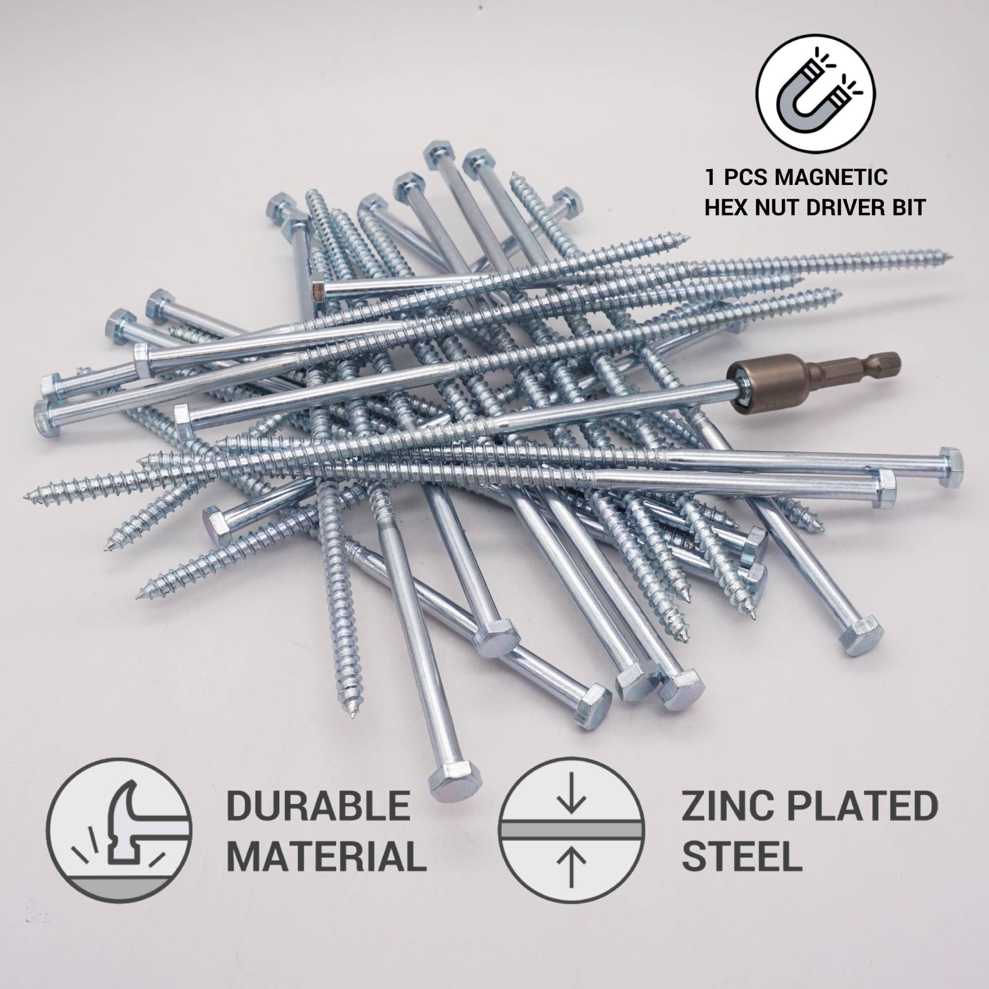 SKIR'CO (30 pcs) Zinc Plated Steel Hexagonal Head Wood Screws M6 x 180 mm, DIN 571 Coach Screws, Lag Bolts (with Magnetic Hex Bit) - Image 3