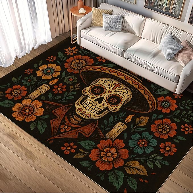 4x5 Sugar Skull Area Rugs, Day of The Dead Skeleton Small Rugs for Bedroom, Mexican Retro Flowers Low Pile Carpet for Playroom Living Room Table Nursery Bathroom