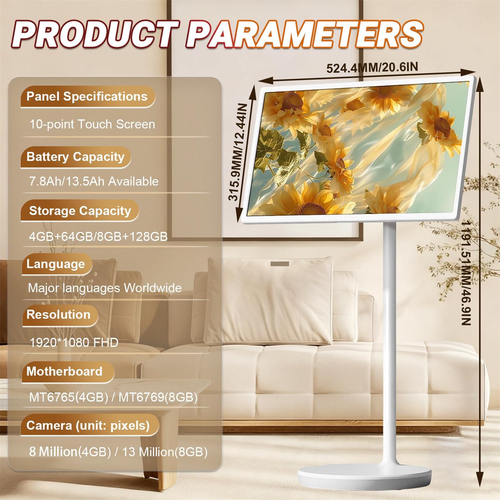 TéLéViseur Intelligent Portable 24, 27 Et 32 ​​Pouces, Support TV Mobile, Moniteur Tactile sur Pied, Moniteur Tactile 1080p sur roulettes avec TéLéCommande Et Rotation ComplèTe 24inch-4+64G