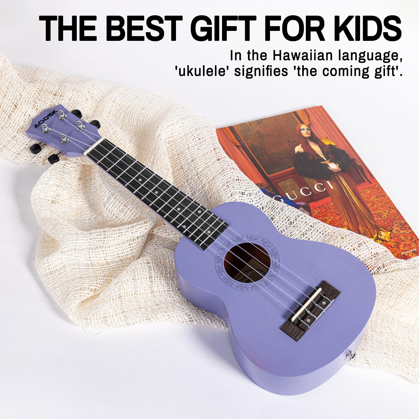 AODSK Ukelele para principiantes, kit de iniciación con correa de bolsa de concierto gratis, cuatro cuerdas, ukelele soprano acústico profesional de madera hawaiano para niños, estudiantes, kit de