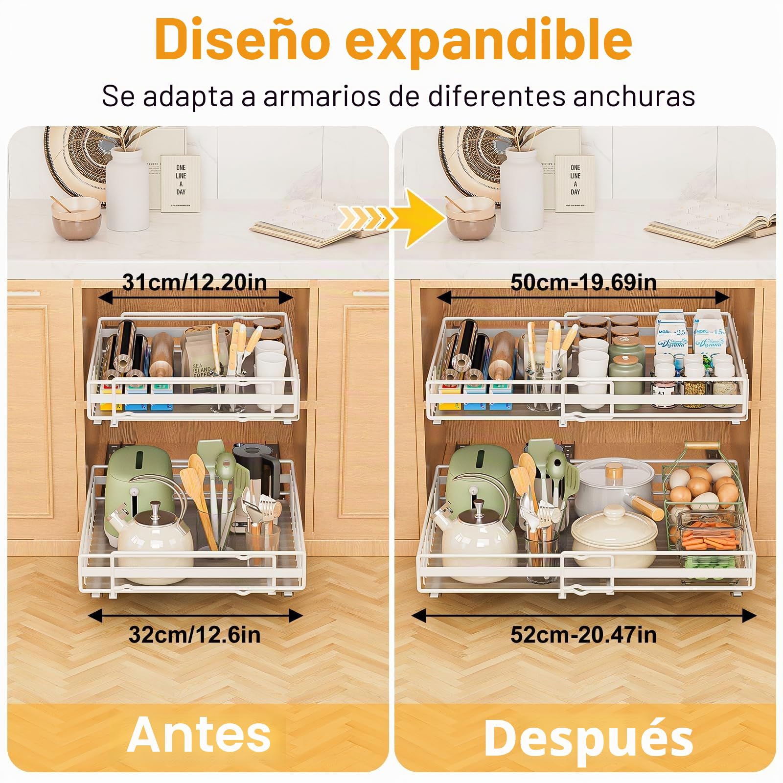 2 Piezas Cajón Telescópico Cajones Extraibles Armario Cocina Cajón Deslizante Para Alacena Cajón de Cocina Extensible Organizador de Cajones Ancho Ajustable 31-50cm/32-52cm, Sin Taladrar