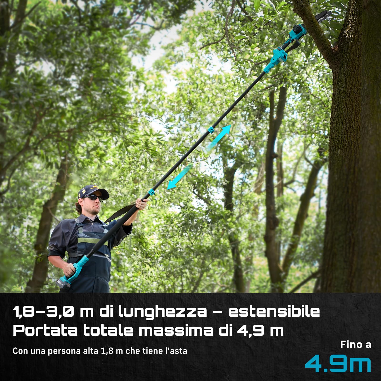 SEESII 2-in-1 Potatura Telescopica, 8 Pollici Mini Motosega Per Alberi | Motosega Telescopica a Batteria, Mini Sega Brushless con Asta Telescopica per Giardinaggio, Raggiunge Fino a 4,87m