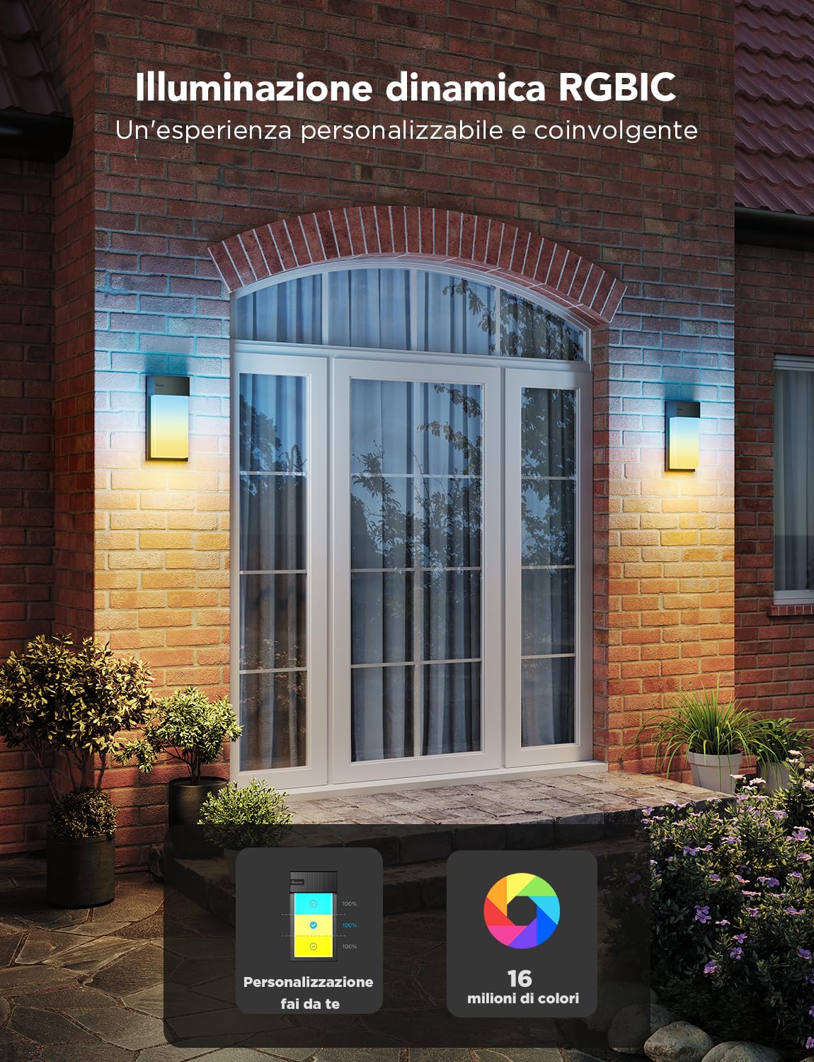 Govee Applique da Esterno RGBIC, 1500lm Lampada da Esterno, IP65, 2 Pezzi | 2700K–6500K Applique da Parete Esterno, 45 Scena, Effetti di Luce fai DIY, Matter/Alexa/Google, Veranda, Balcone, Terrazza