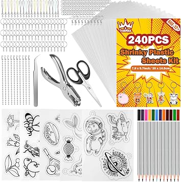 Shrink Dink Sheet Kit Shrink Plastic Shrink Dink Key Chain Kit with Shrink Dink Paper + Accessories Shrink Art Shrink Plastic Sheet Shrink Film Sheet Kit for DIY Rings Crafts Key Holder 240pcs