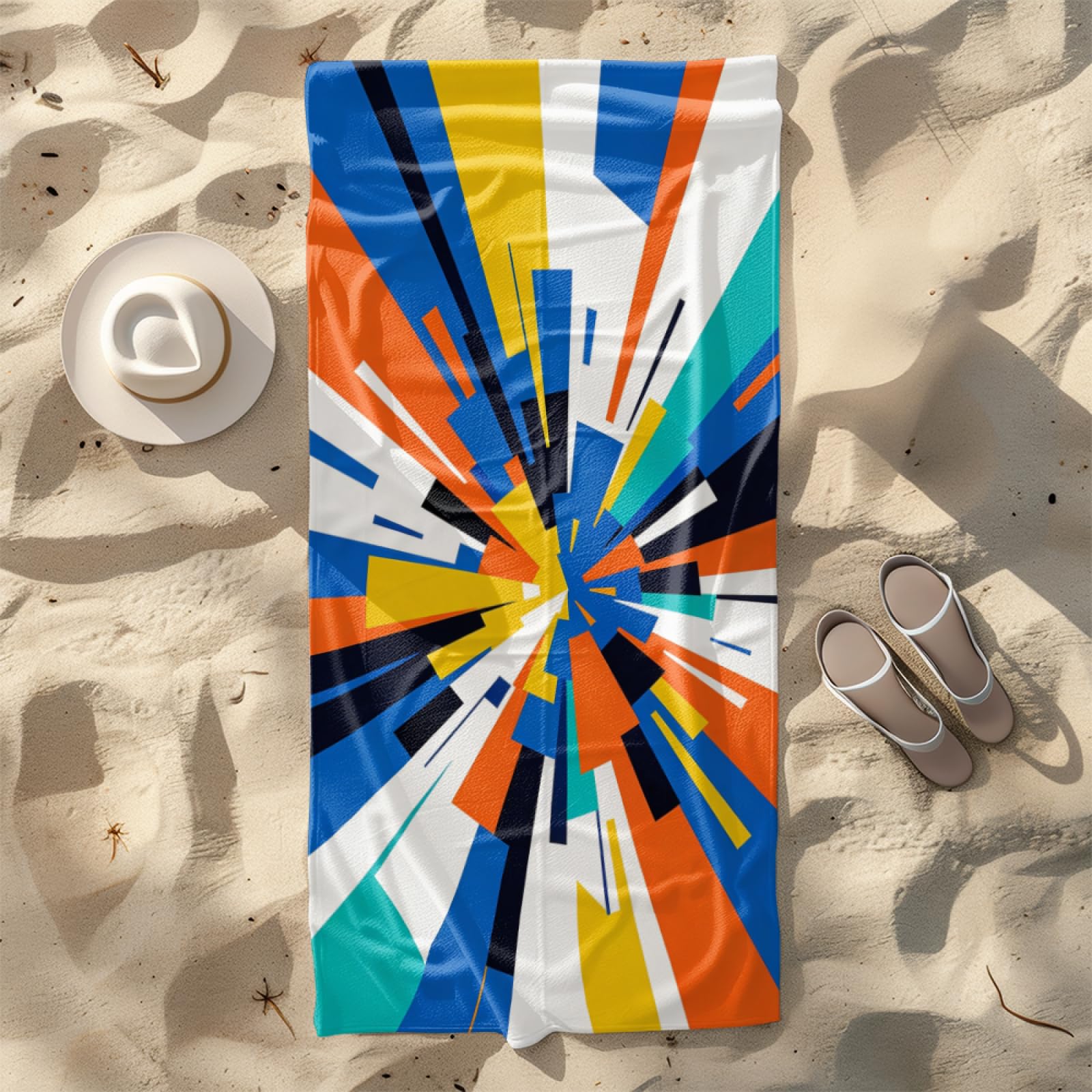 Fouta PlageModèle Abstrait Bleu Orange Jaune Modèle Surdimensionné avec Diverses Tailles, Respirante et Portable, Parfaite pour Voyages Sorties Piscine et Usage Extérieur Quotidien 90x160 cm
