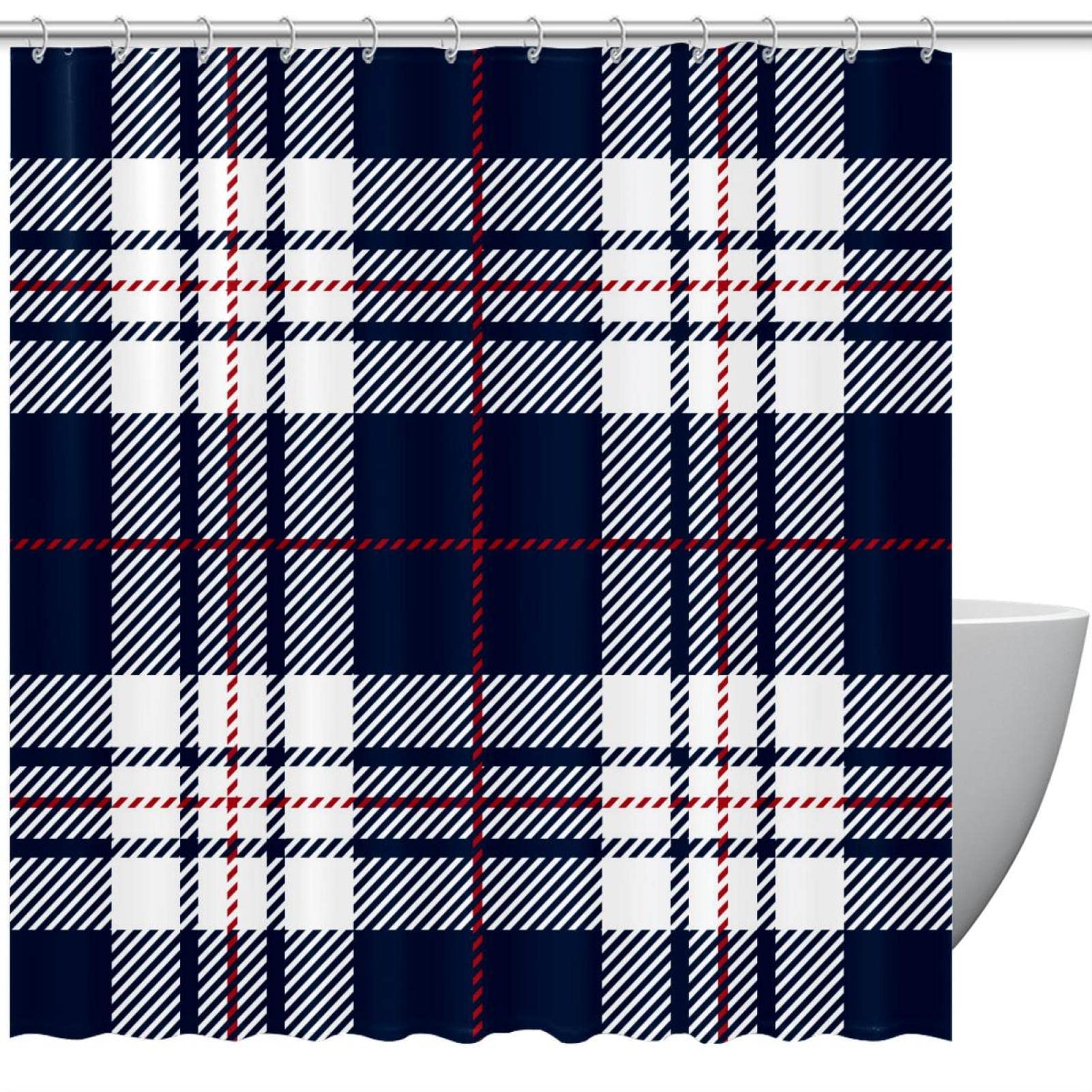 Rideau de douche bleu marine et blanc 183cm grand format quadrillé