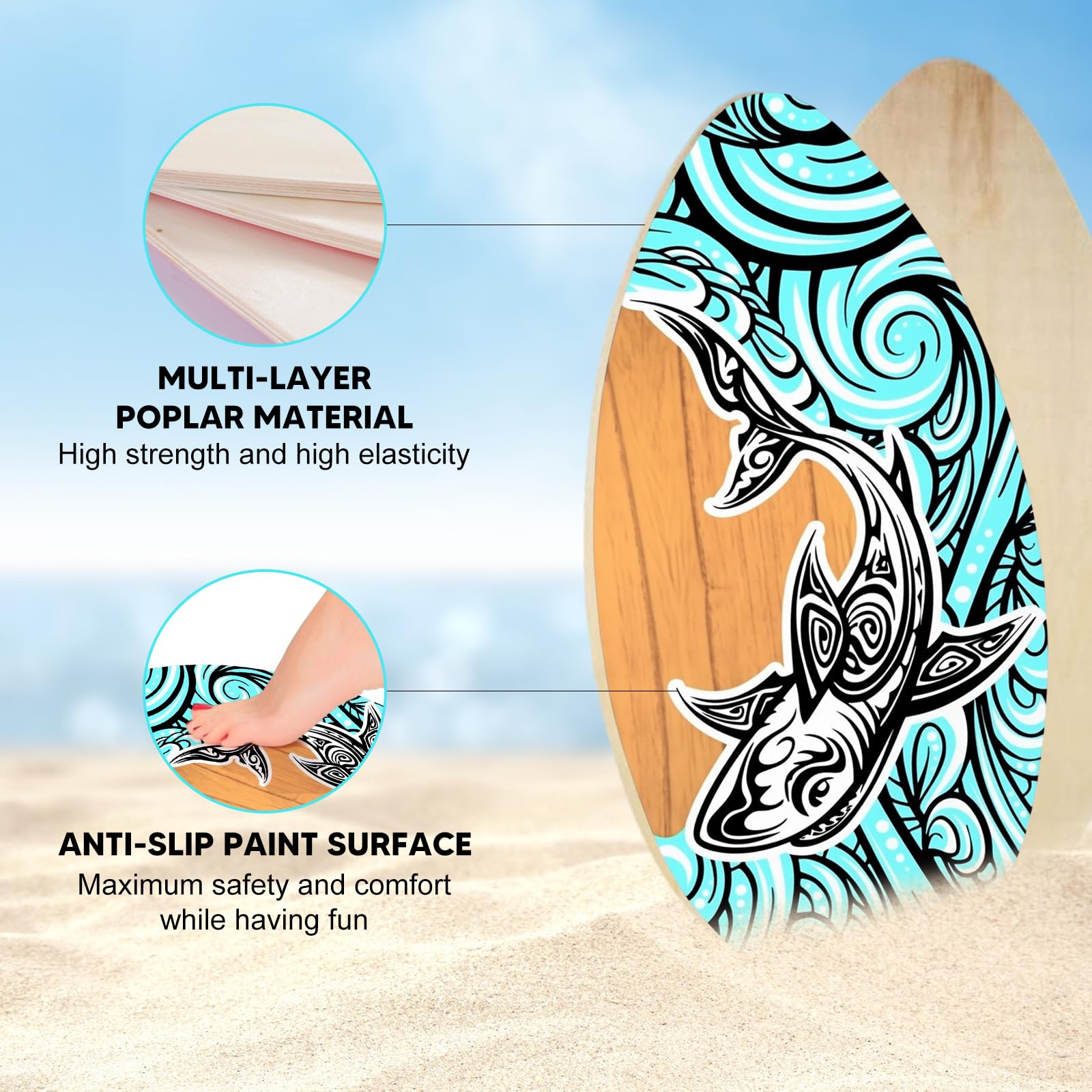 Perfeclan Skimboard Surfbrett Stehend Strandspielzeug Strand Sandbrett Holz Skimboard für Anfänger Jungen Mädchen Universal Kinder Teens