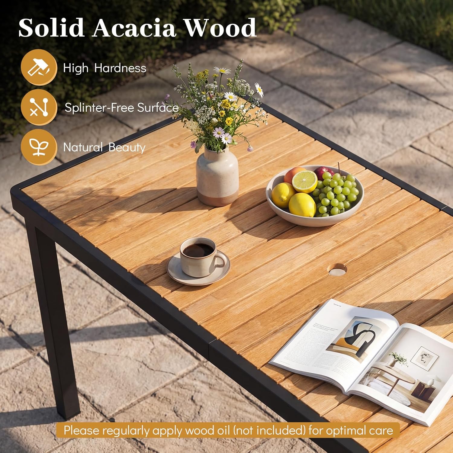 Tangkula 58" Rectangular Patio Dining Table for 6, Acacia Wood Outdoor Table with Slatted Top, 1.97" Umbrella Hole and Heavy Duty Metal Frame, Outside Table for Porch, Garden, Yard, Deck and Poolside