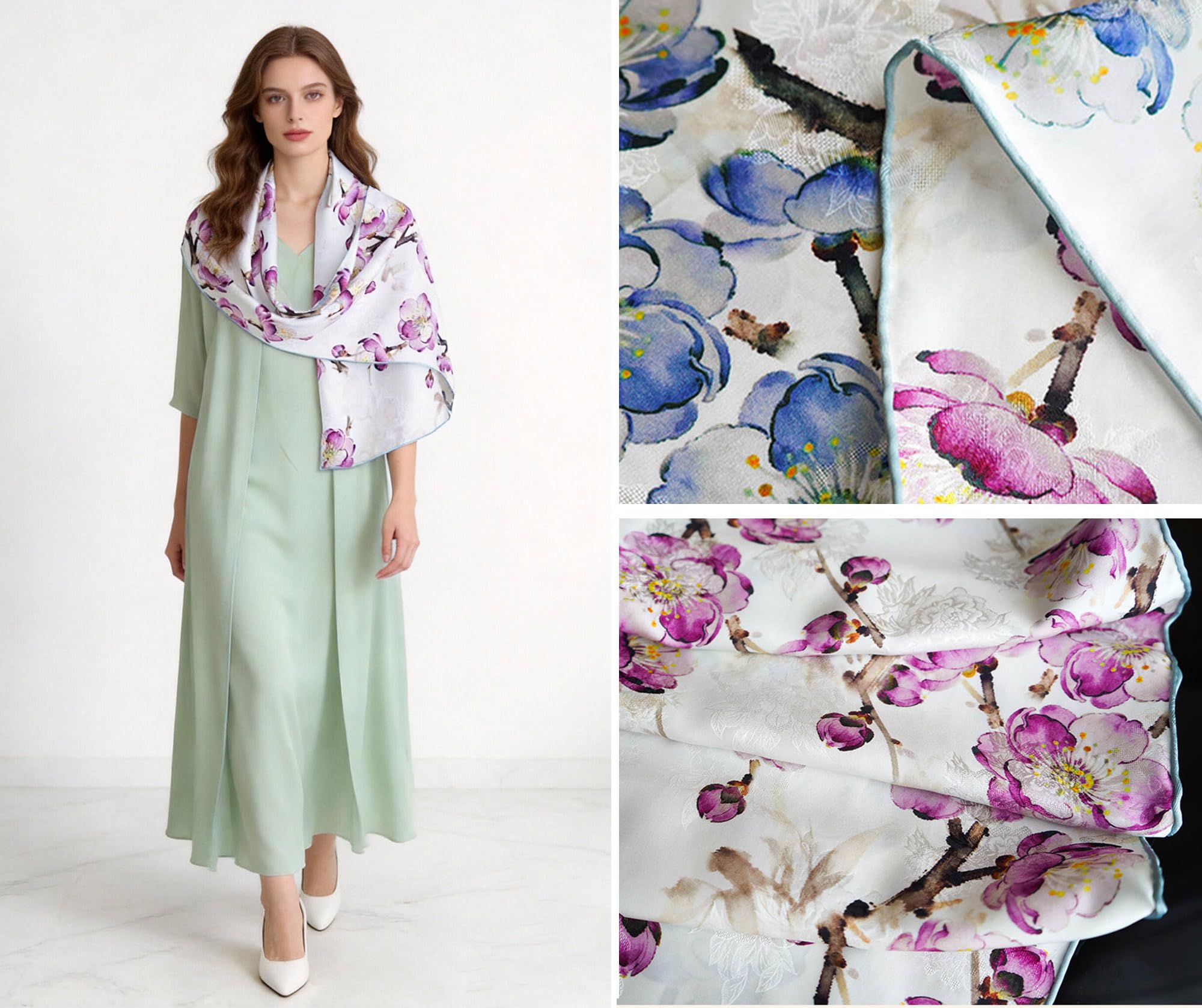 HangErFeng Sciarpa di seta Peonia Jacquard Fiore Stampa Reversibile Wrap 1667