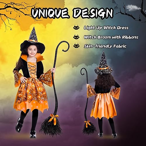Miniatura 10 de Poshetion Disfraz de bruja iluminada para niñas, disfraces de bruja de Halloween con escoba de bruja, sombrero para regalo de fiesta de Halloween