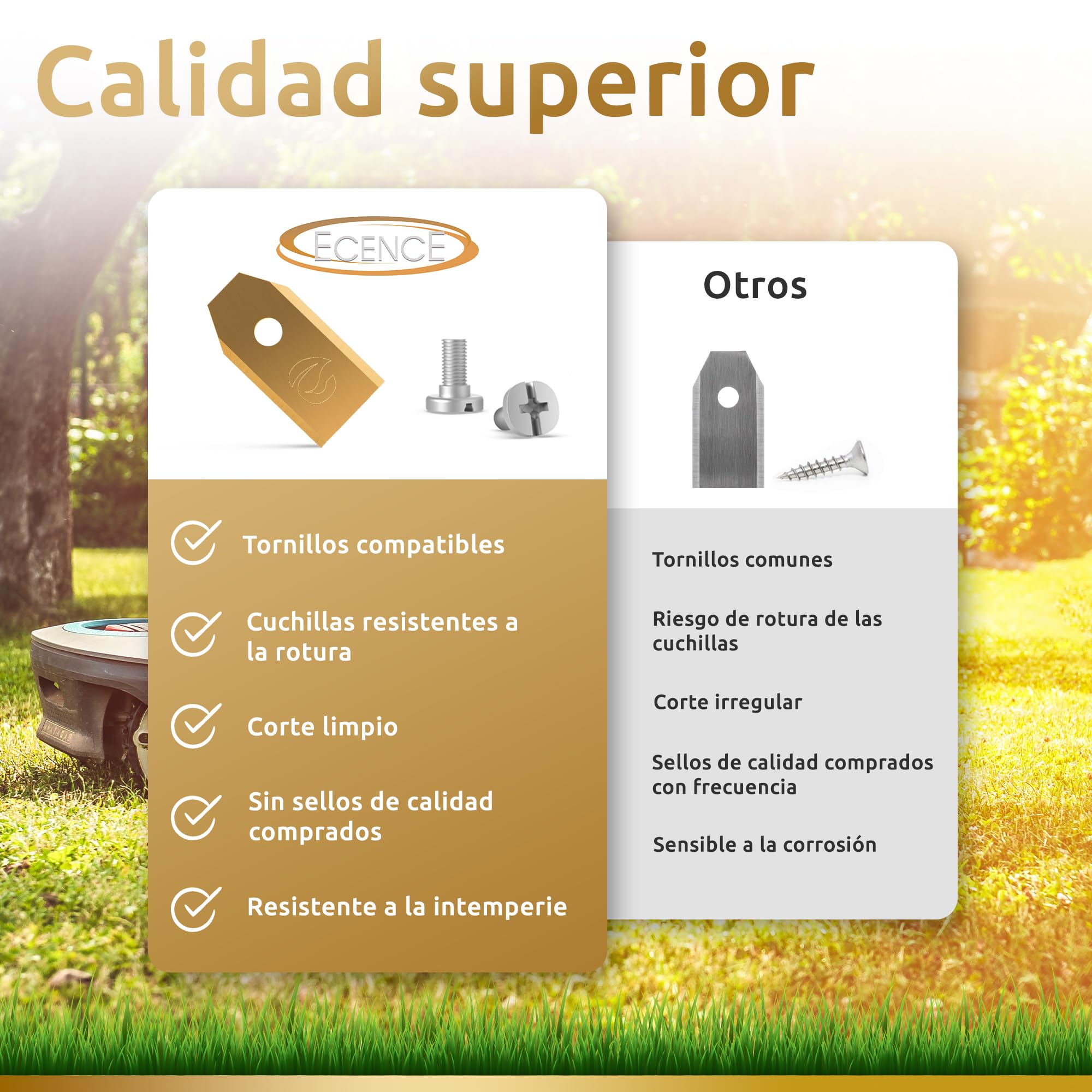 ECENCE 60 Cuchillas Robot Cortacésped de Titanio Acero Inoxidable Compatible con Husqvarna Automower Gardena McCulloch Rob Flymo Yardforce Matrix Grizzly Brast + Tornillos