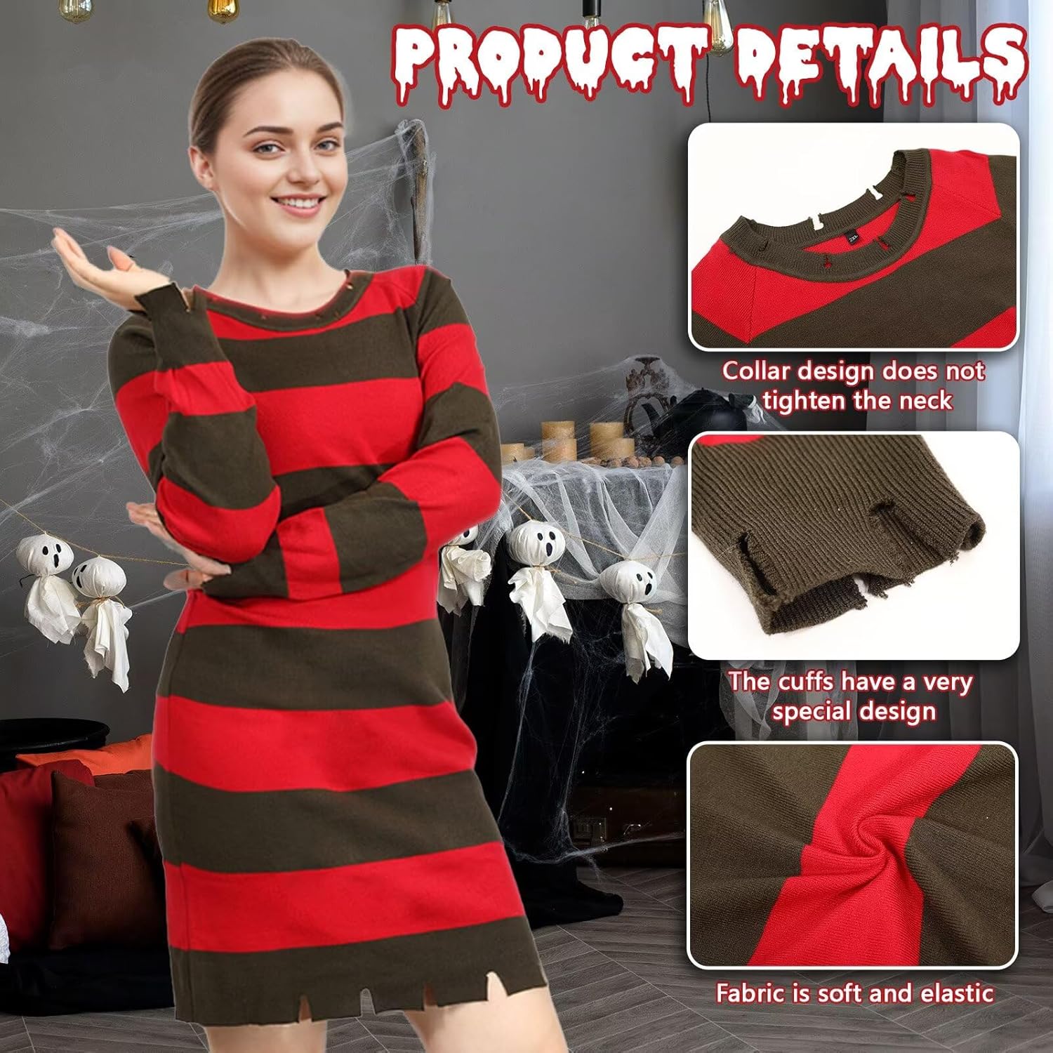 Halloween Costume Women Green And Red Striped Sweater Dress Hat Gloves Tattoo Horror Movie Nightmare Killer - Image 6