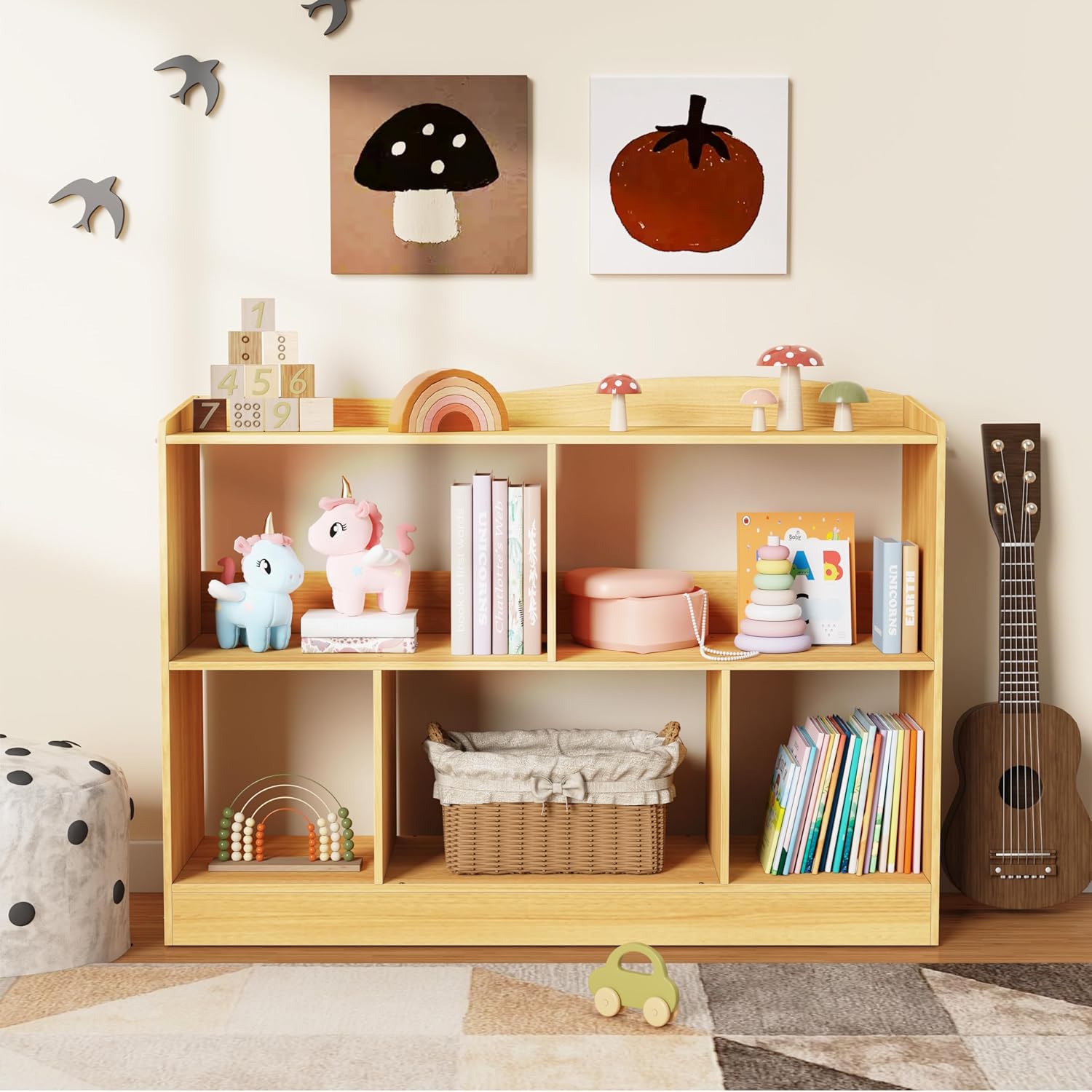 Lkeiyay Montessori Bookshelf,5-Section Wooden Storage Cabinet,Kids Toy Storage Organizer for Playroom,Classroom Organizer