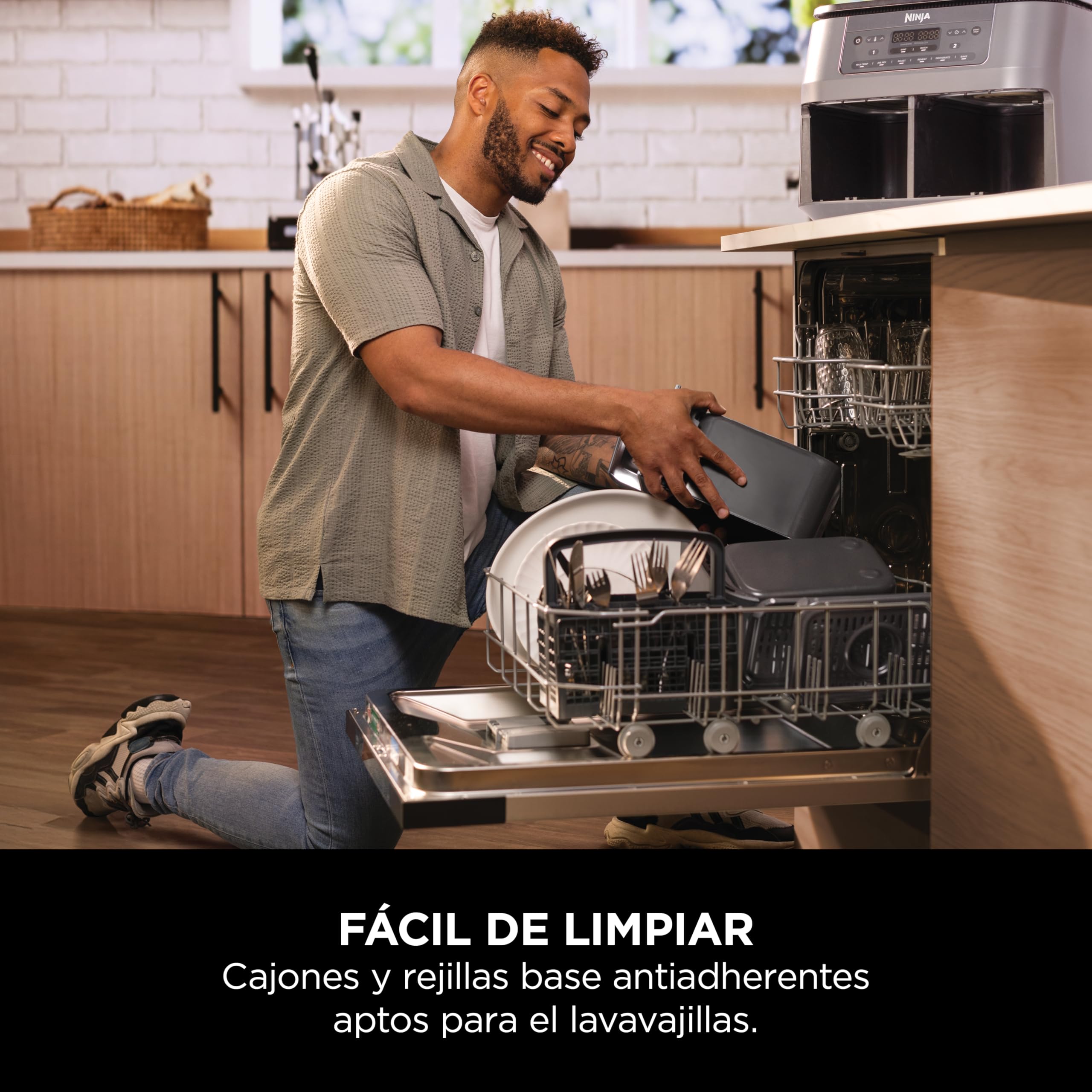 Ninja Freidora de aire con compartimento doble, 2 cajones, 7,6 l, 6 en 1, sin aceite, fríe con aire, gratina, asa, hornea, recalienta, deshidrata, cestas antiadherentes, gris metalizado DZ300EU
