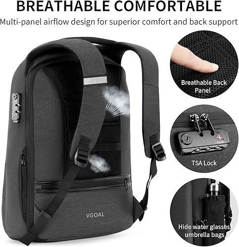 Miniatura 4 de VGOAL Mochila para laptop de 13.3 pulgadas con bloqueo TSA y puerto de carga USB, aprobada por vuelo, mochila de negocios de transporte antirrobo,