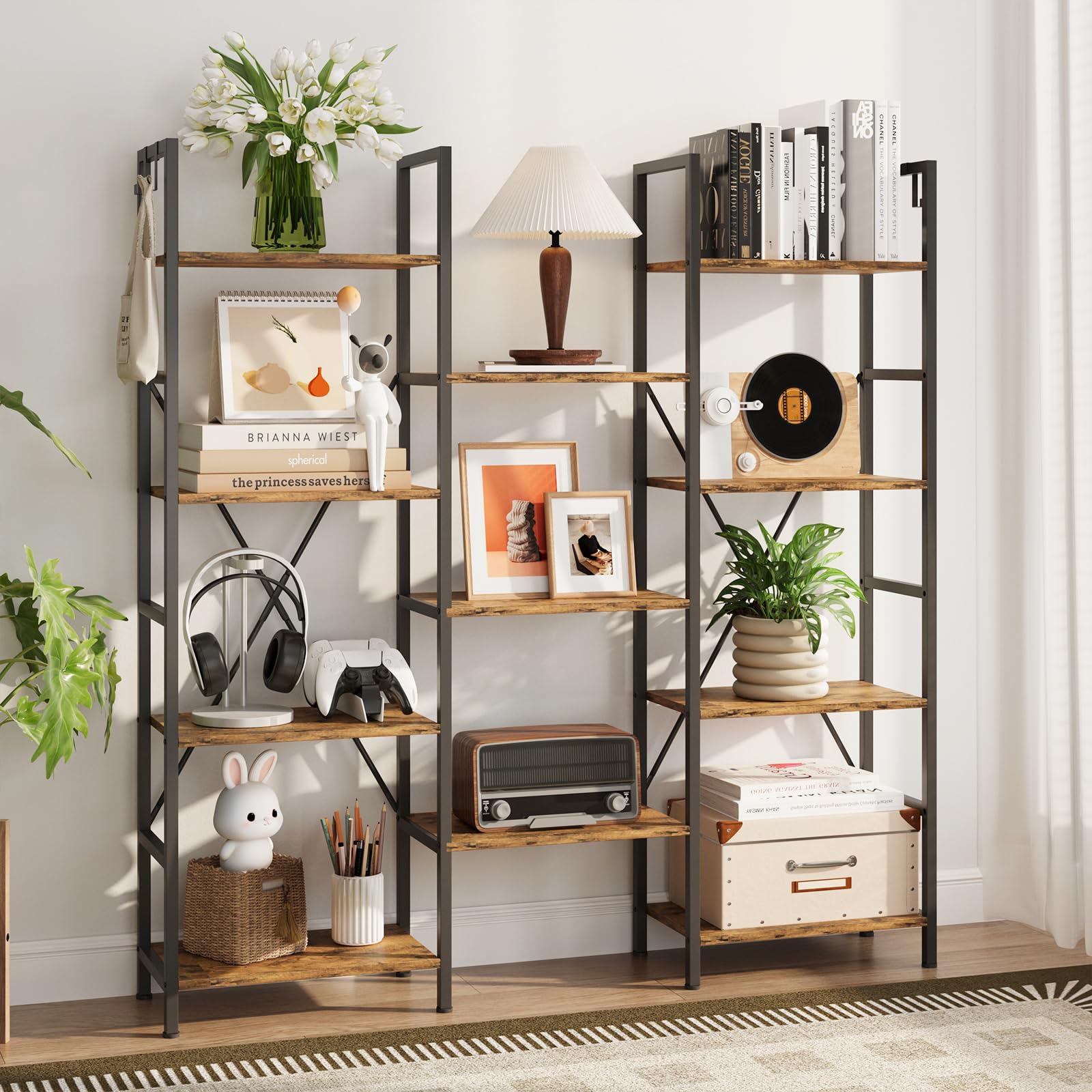 DSNAPE 4-Tier Industrial Bookshelf, Large Tall Open Metal Storage Shelf, Vintage Farmhouse Bookcase with 11 Adjustable Shelving Unit for Living Room, Bedroom, Home Office, Plant Shelf, Rustic Brown