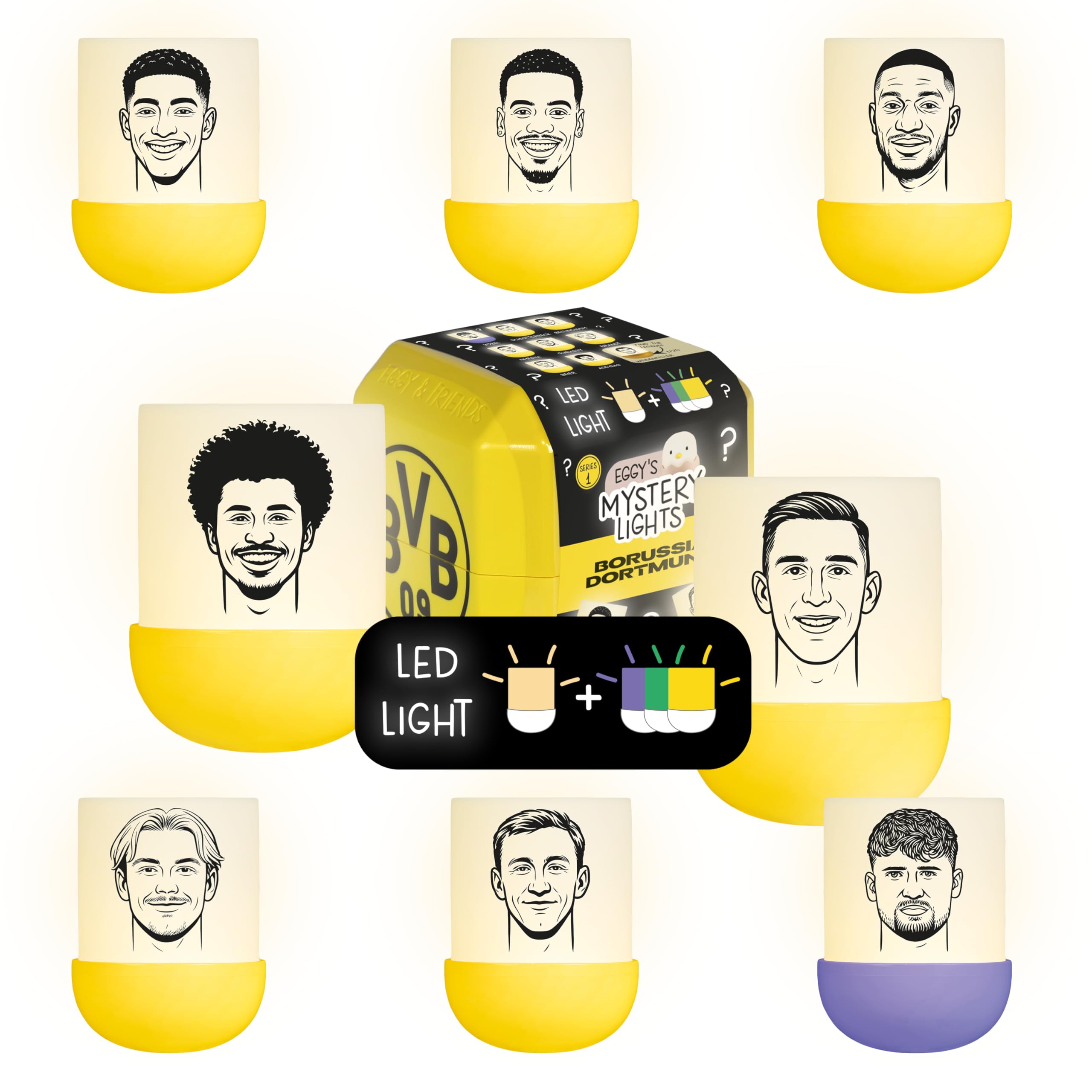 MegaLight Blind Box Mini Nachtlichter | BVB Fanartikel Kinder | zufällige Figurenauswahl | 1 aus 9 zum Sammeln l 4 versch Lichtfarben | Borussia Dortmund Fanartikel | EGGY'S Mystery Lights BVB Edition