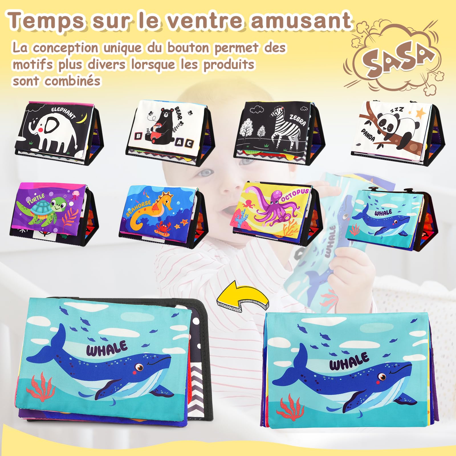 URMYWO Jouet Bebe 0-3-6-9-12 Mois - Miroir d'Éveil Pliable avec Jouet de Dentition et Livre Papier froissé Sensoriel - Montessori Noir et Blanc à Motifs Contrastés pour l'Éveil des Bébés