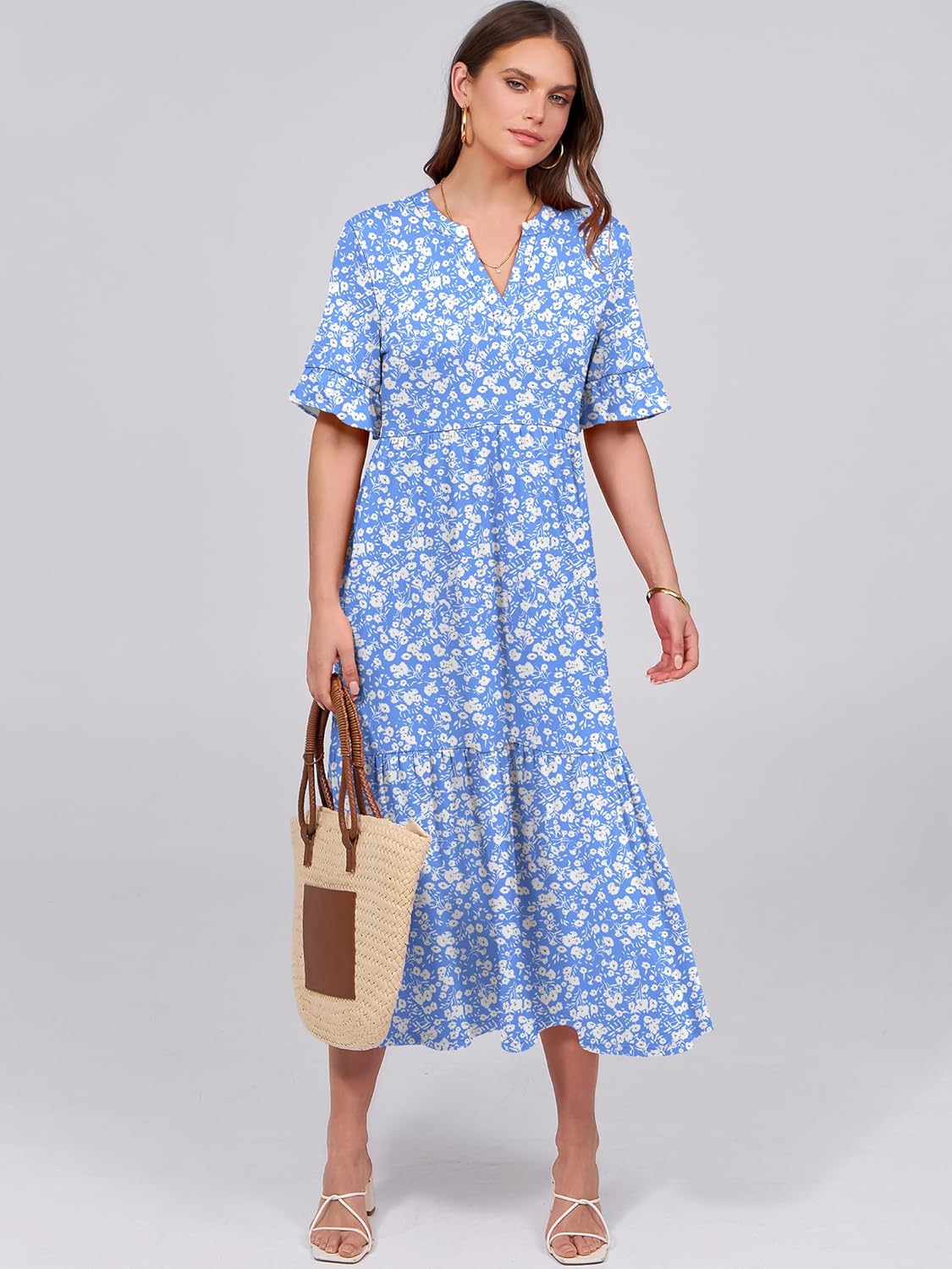 ANRABESS Womens Summer Maxi Dresses Casual Ruffle Short Sleeve V Neck Flowy Tiered 2026 Spring T Shirts Beach Boho Dress - Image 3