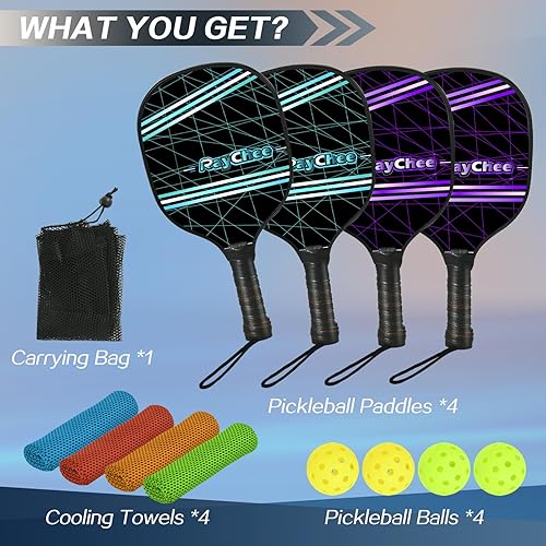 Miniatura 8 de RayChee Pickleball Paddles, Light Pickleball Paddles Set of 4, Pickleball Set w 4 Outdoor Pickleball Balls, 4 Cooling Towels & Pickleball Bag,