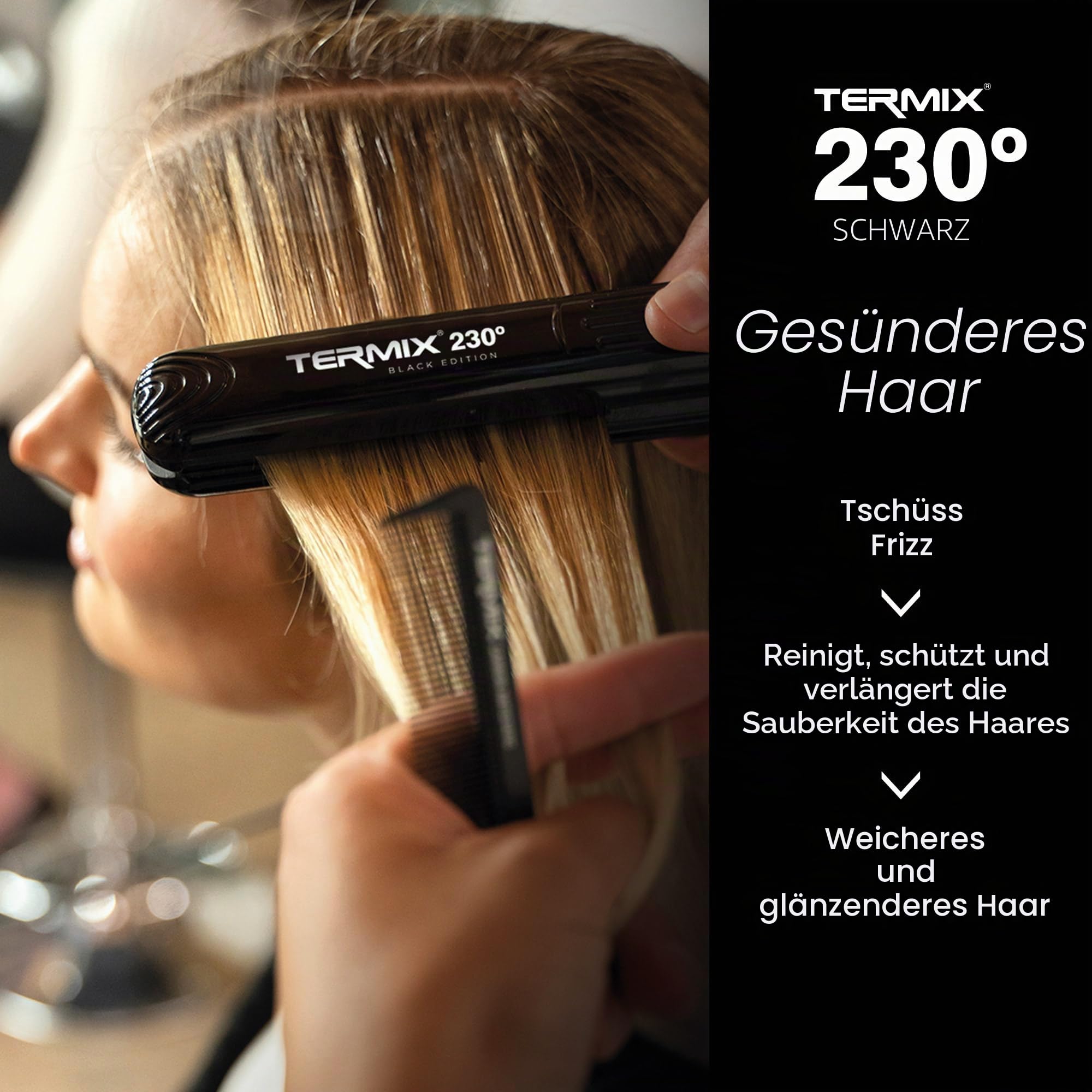 Termix 230º-Glätteisen in der schwarzen Edition. Glätteisen mit Keramikplattentechnologie. Digitales Temperaturregulierungssystem. Infrarotsystem. Nanotechnologie. Reduziert Frizz und hält das Haar länger weich.