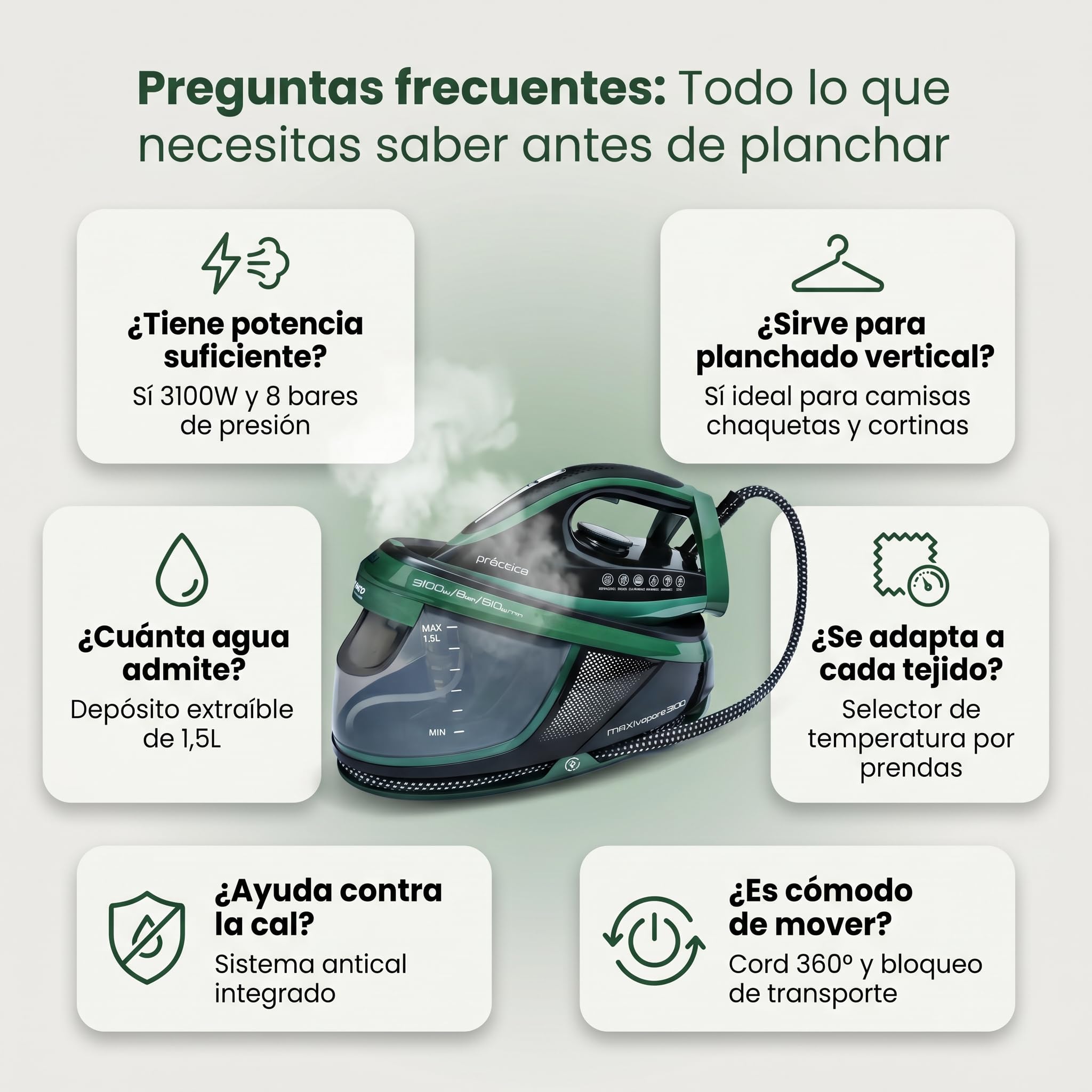 Centro de Planchado Plancha de Vapor Para Ropa 3100W 8 Bares Vertical Suela Ceramica Antiadherente 150 G/Min Deposito 1.5 L Autoapagado Antical Cord 360 Seleccion de Temperatura por Tejidos Ergonomico