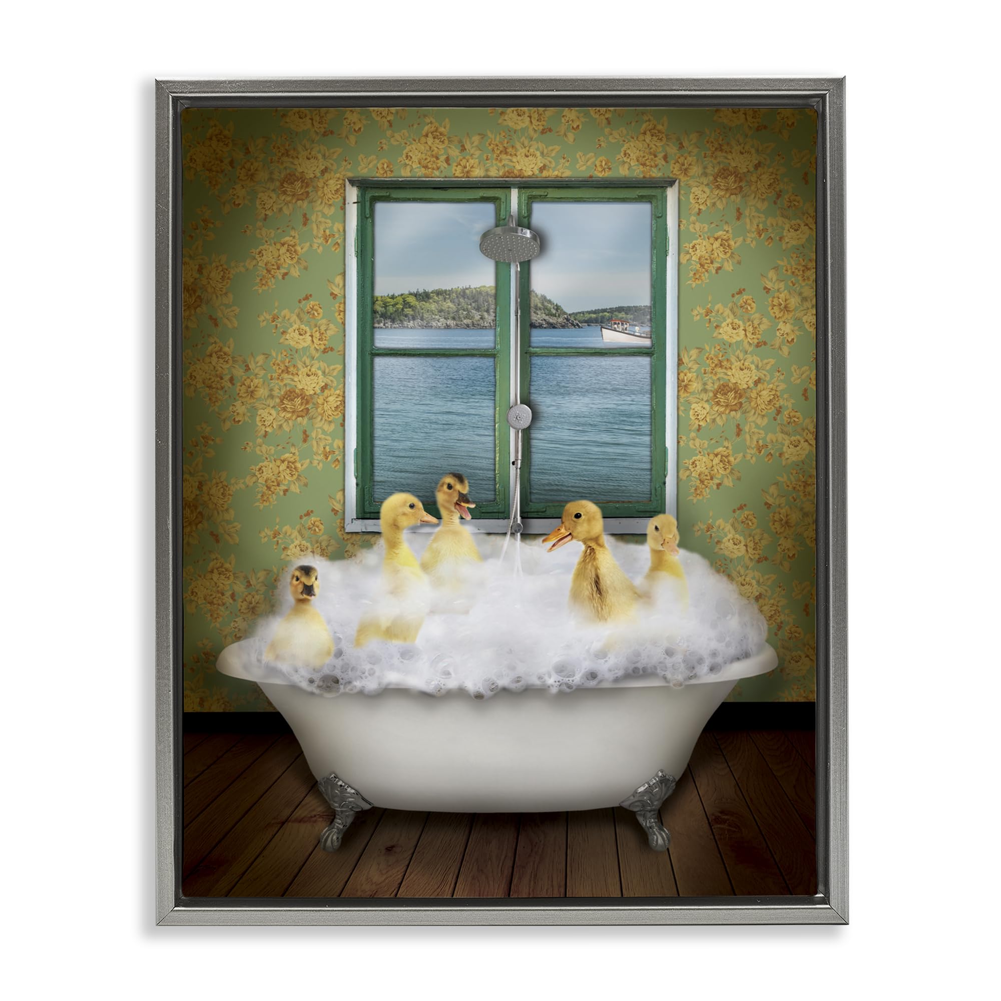 Ducks Bathing Tub Ocean View, 17 x 21 Inch Canvas in Floater Frame