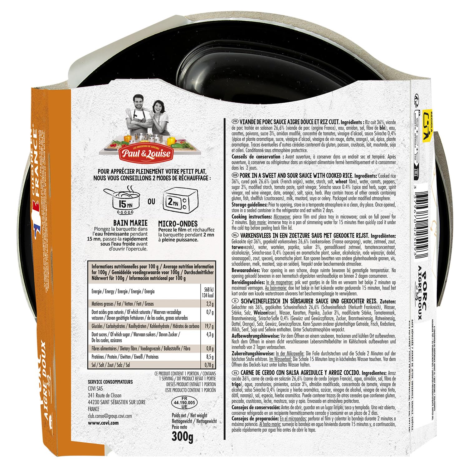 Paul & Louise Porc Aigre-Doux & Riz 300g – Plat Cuisiné Saveurs Asiatiques – Repas Prêt à Déguster – Barquette Micro-Ondable – Longue Conservation - Rayon Epicerie