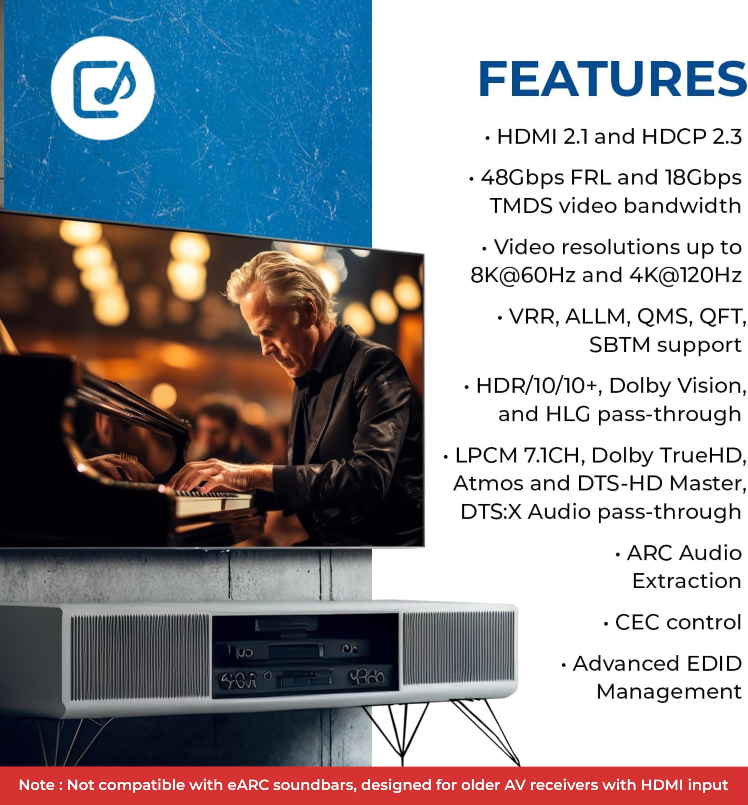 OREI 8K eARC HDMI Audio Extractor Converter ARC Support 48Gbps 4K @ 120Hz - Dolby Digital/DTS Passthrough CEC, HDR, Dolby Vision, Atmos Supported - Send eARC Signal to Old AV Receiver (BK-927)