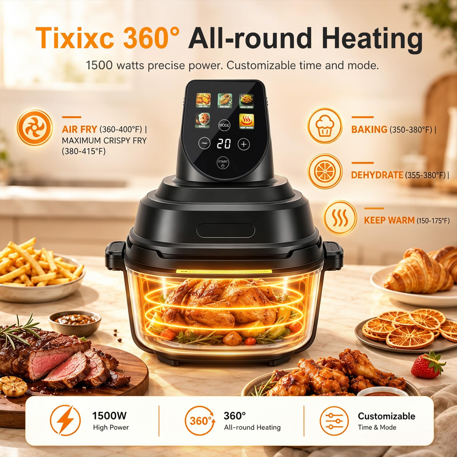 Tragbare Glas Heißluftfritteuse, 4 L/1,5 L zwei Größen, 1500W Air Fryer