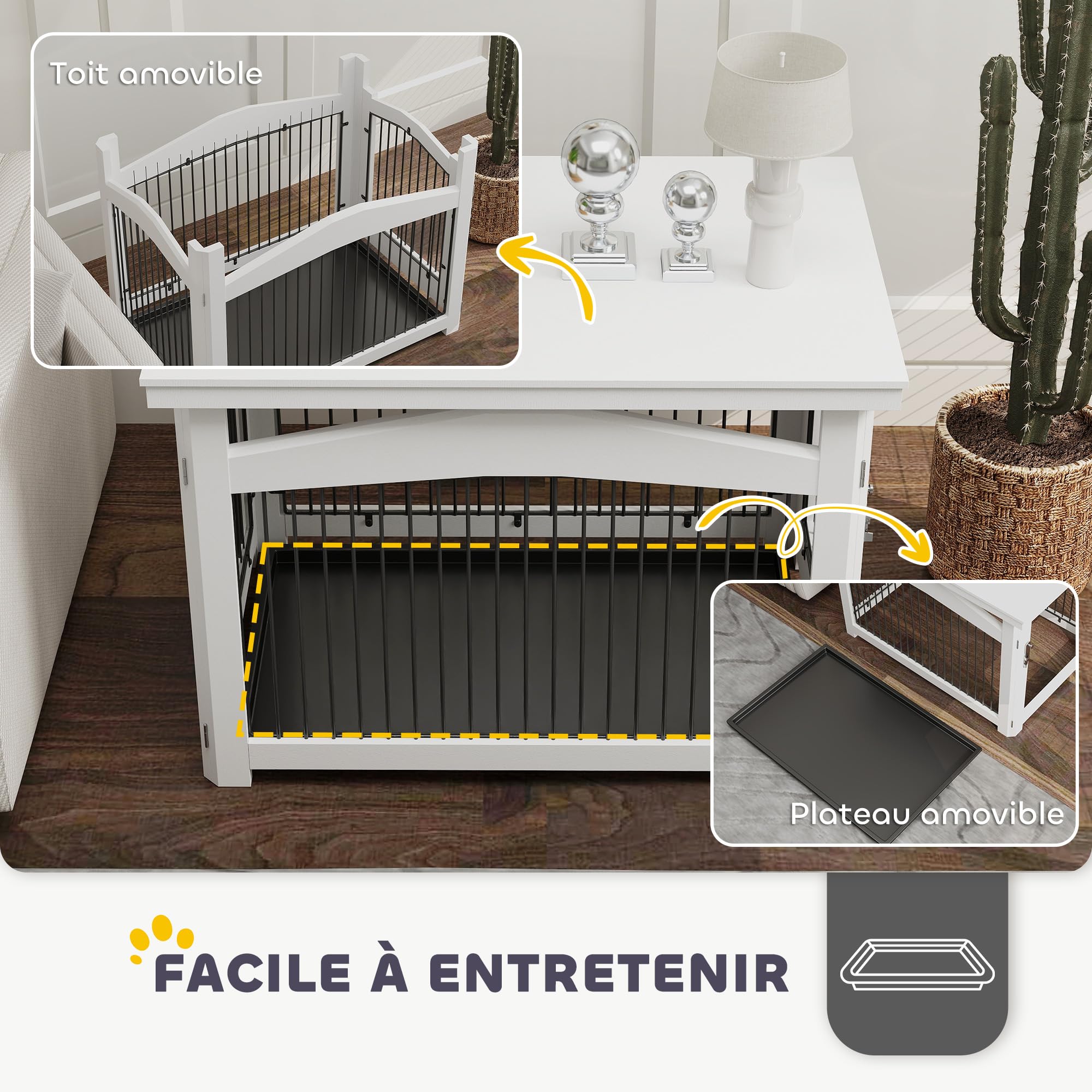 PawHut Cage pour Chien 3 en 1, Table d'appoint, Meuble Cage Chien intérieur, avec Plateau Amovible, pour Animal de Taille Moyenne, 82,5 x 57,5 ​​x 59,5 cm, Blanc