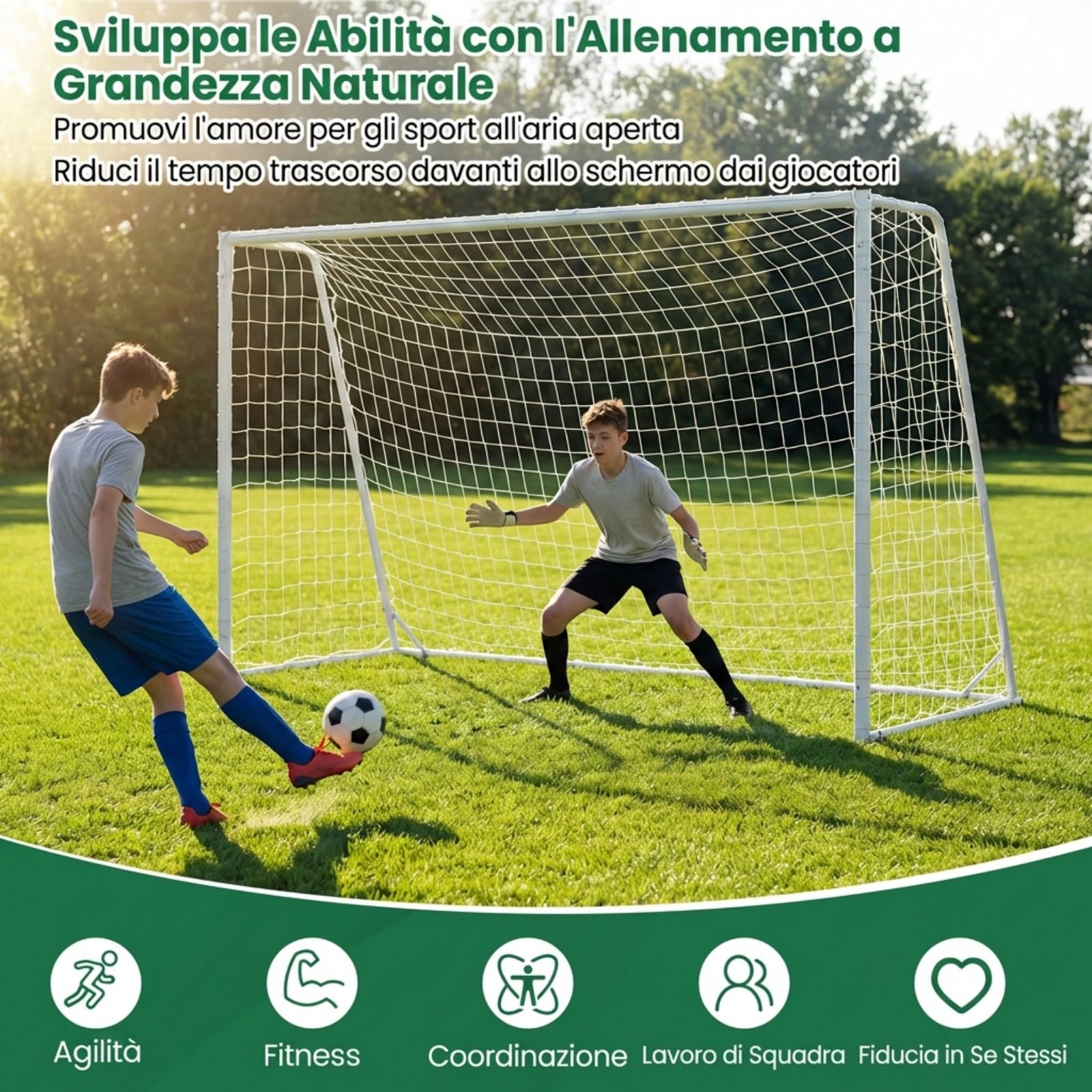 COSTWAY Porta da Calcio 300 x 204 cm con Telaio in Metallo, Rete in PE, 8 Picchetti e 16 Fascette, Facile Montaggio, Attrezzatura per Allenamento Calcio per Bambini, Giovani e Adulti