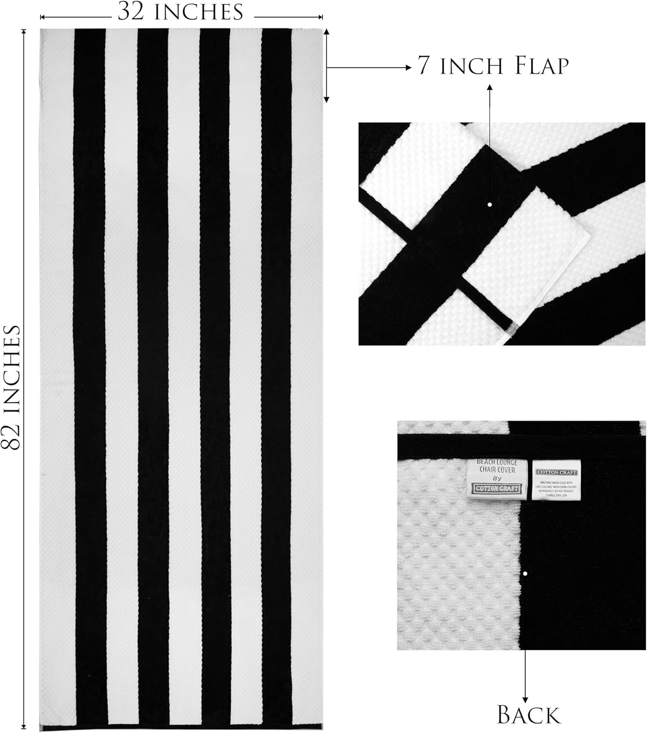 COTTON CRAFT Beach Lounge Chair Cover – 2 Pack Euro Spa Waffle Terry Towel Cabana Stripe Pool Chair Cover - 100% Cotton - 450 GSM Absorbent Quick Dry - Oversized 32 W x 82 L x 7 inch Pocket - Black
