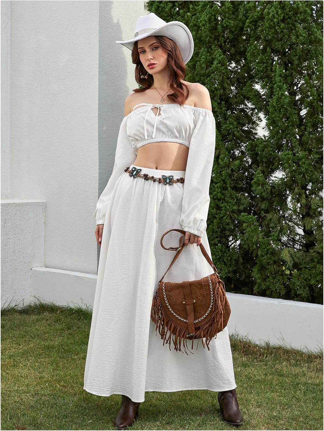 MakeMeChic Women's Off The Shoulder Blouse Long Sleeve Tie Front Ruched Y2K Crop Tops - Image 5