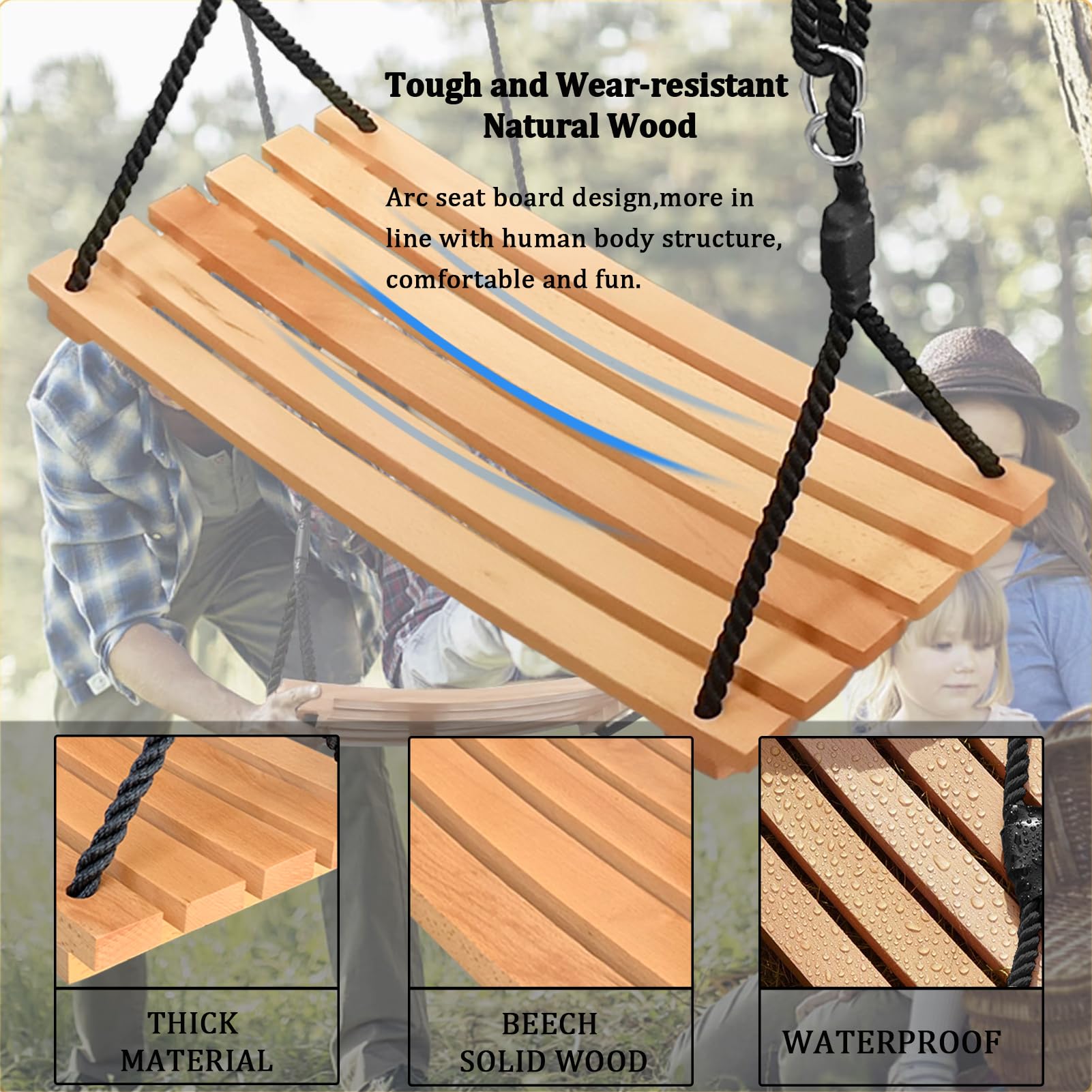 Altalena in legno per bambini, per adulti, da giardino, con corda regolabile, impermeabile, in legno, per giardino, per interni ed esterni (66 x 30,5 cm)