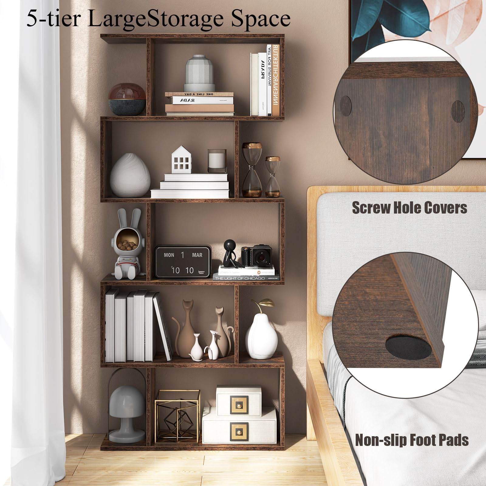 Libreria A Forma Di S - 5 Ripiani, Legno, Nero, 70x23,5x158cm - Divisorio Elegante - Foto 8