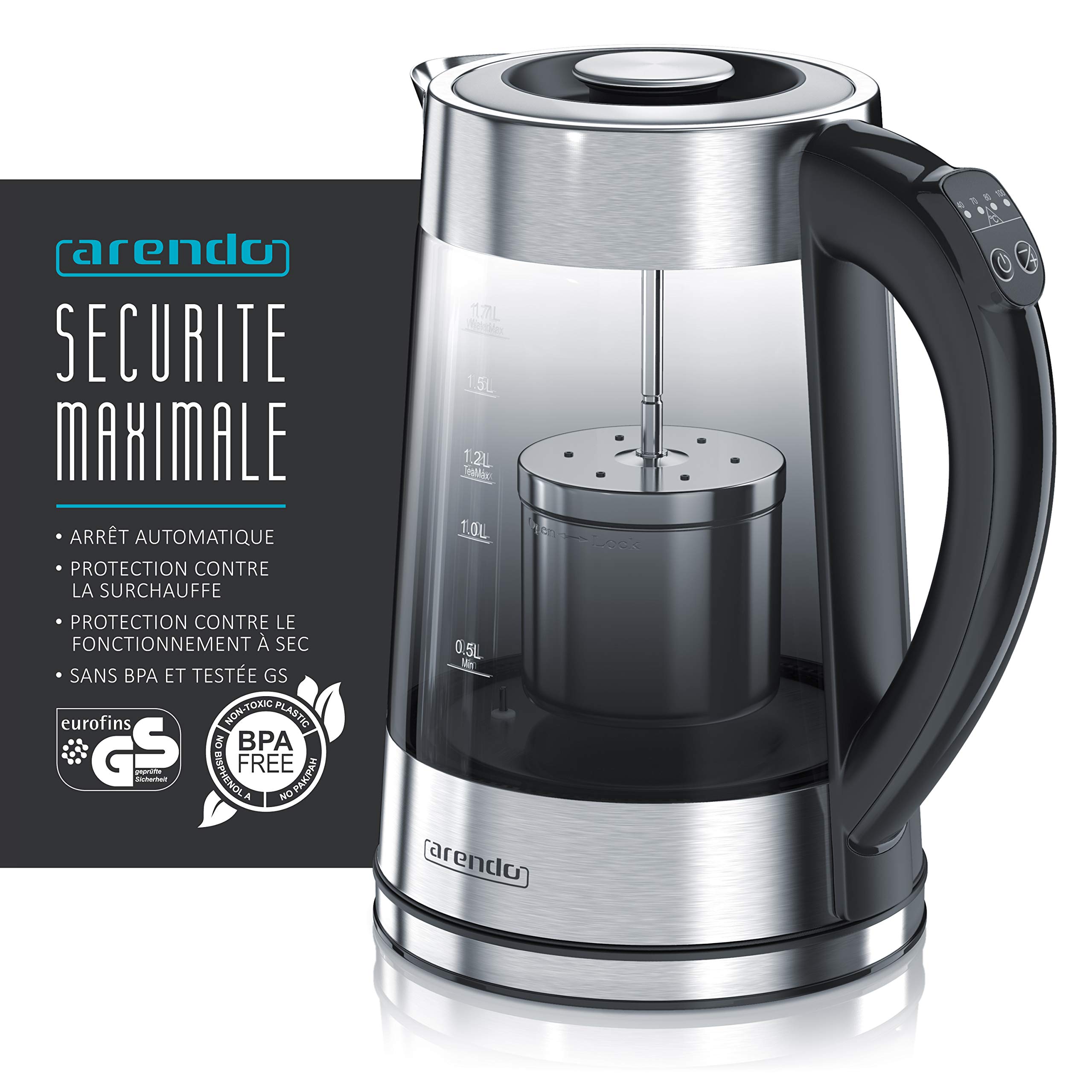 Arendo - Bouilloire électrique en verre avec réglage de la température et passoire à thé théière - Températures réglables 40 70 80 100 degrés - capacité de 1,7 litres - Arrêt automatique