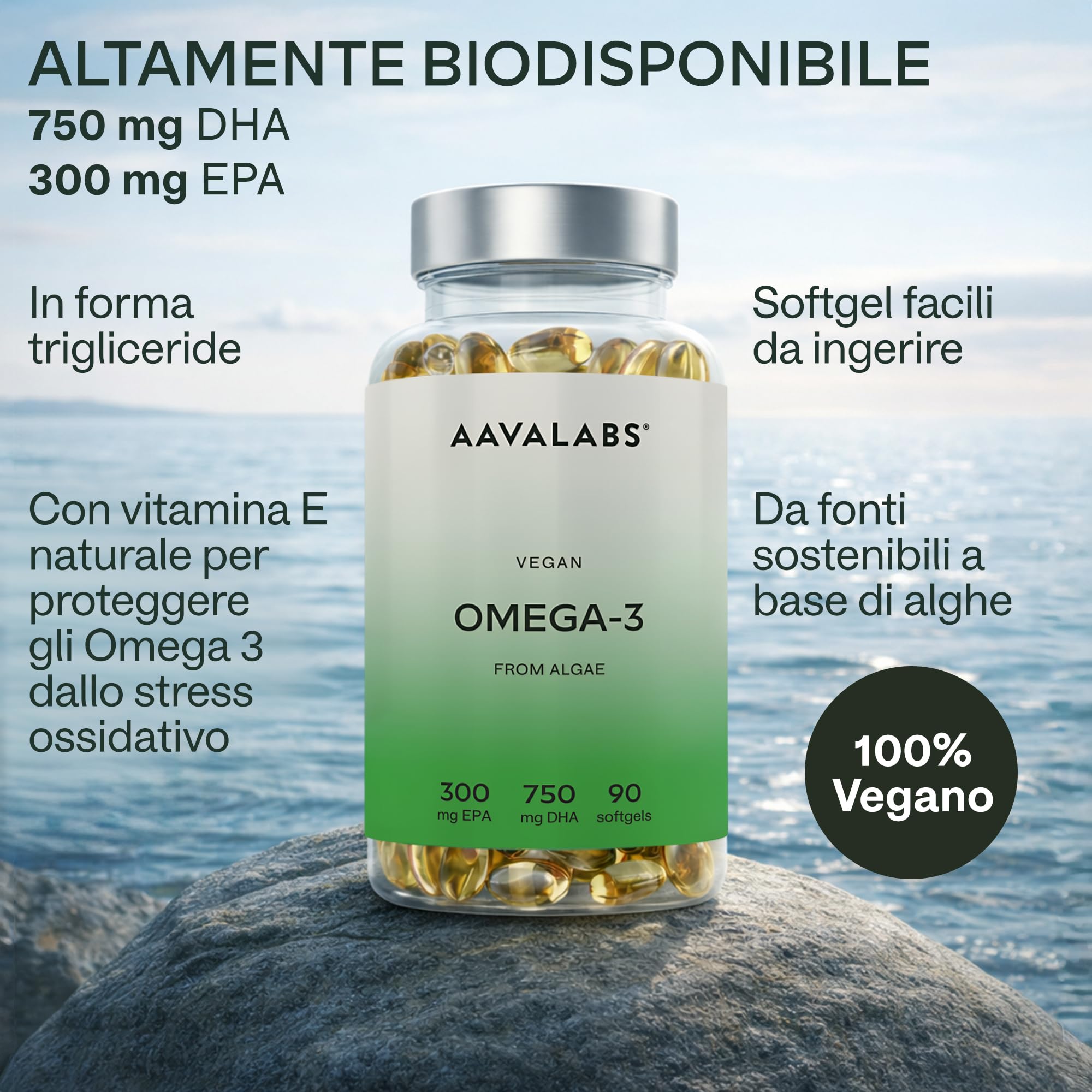 Omega 3 Vegan ad Alta Efficienza [1500 mg] Omega3 con 750mg DHA e 300mg EPA per Dose Giornaliera - Integratore Omega 3 da Olio di Alghe Vegetale Puro Sostenibile - 90 Softgel