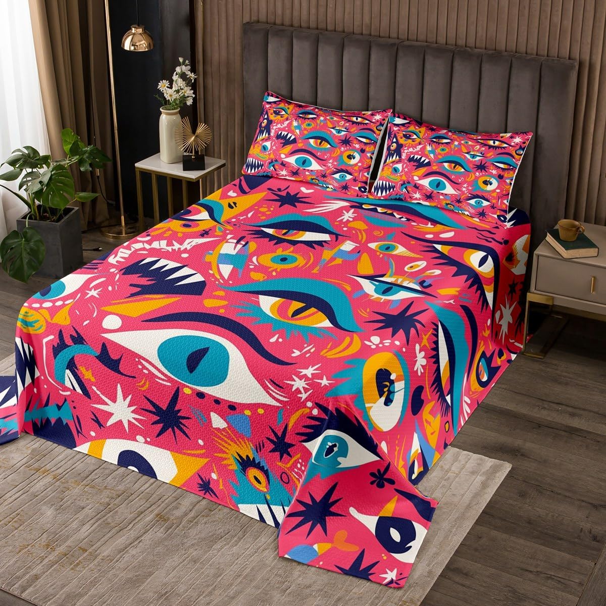 Cartoon Eye Bedspread Twin Size,Beautiful Boho Theme Bedding Set 2Pcs for Kids Girls Teens Women Room Decor,Colorful Pink Print Comforter Set,Modern Abstract Style Coverlet Set,1 Pillowcase