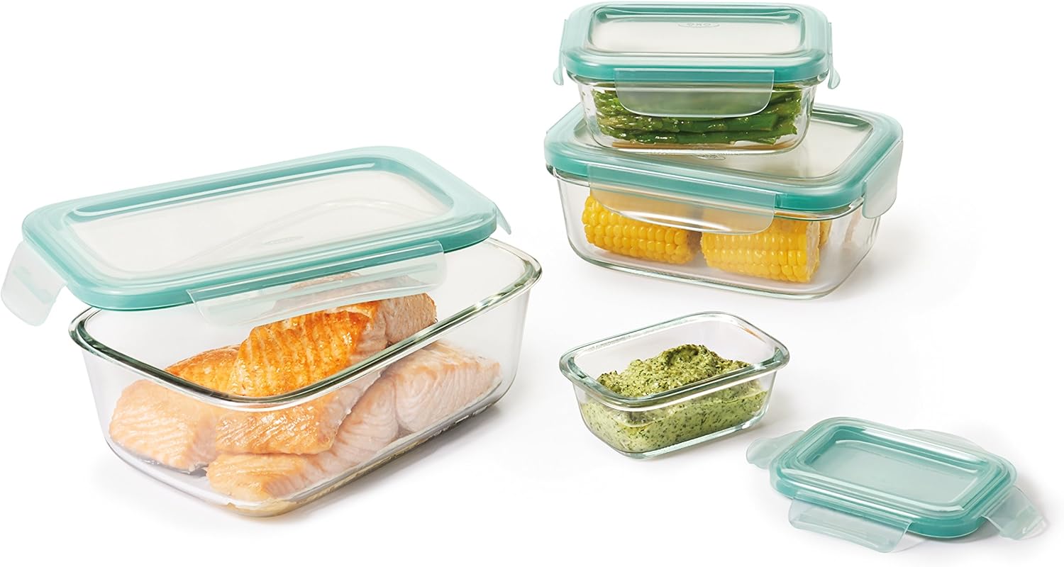 OXO Good Grips Smart Seal Leakproof Glass Food Storage Container Set,Clear,8 Piece Rectangle,Blue
