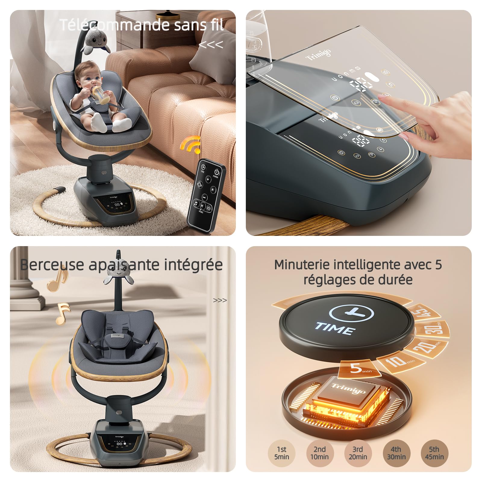 transat bébé électrique 180° réglable 3D, avec télécommande, 5 modes, 4 vitesses, 3 hauteurs de siège, 8 chansons d'apaisement, balancoire bébé 0-12 mois (coloris bois）