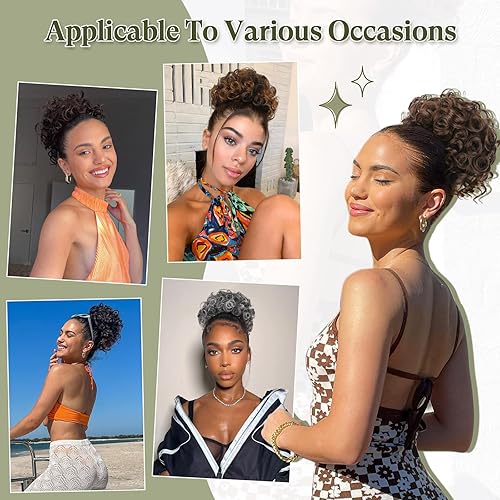 Miniatura 6 de Oseti 1 pieza de cabello desordenado con cordón elástico, grande, suelto, ondulado, sintético, corto, rizado, marrón, moño desordenado, con cordón,