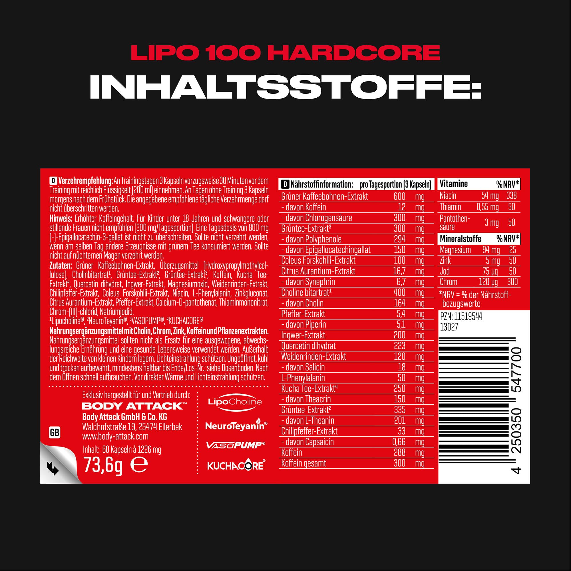 Body Attack LIPO 100 Hardcore – Fatburner-Training Kapseln mit Koffein, Grüntee & Grünkaffee Extrakt – Thermogener Diät Booster für Fitness & Training – Made in Germany – 60 Caps
