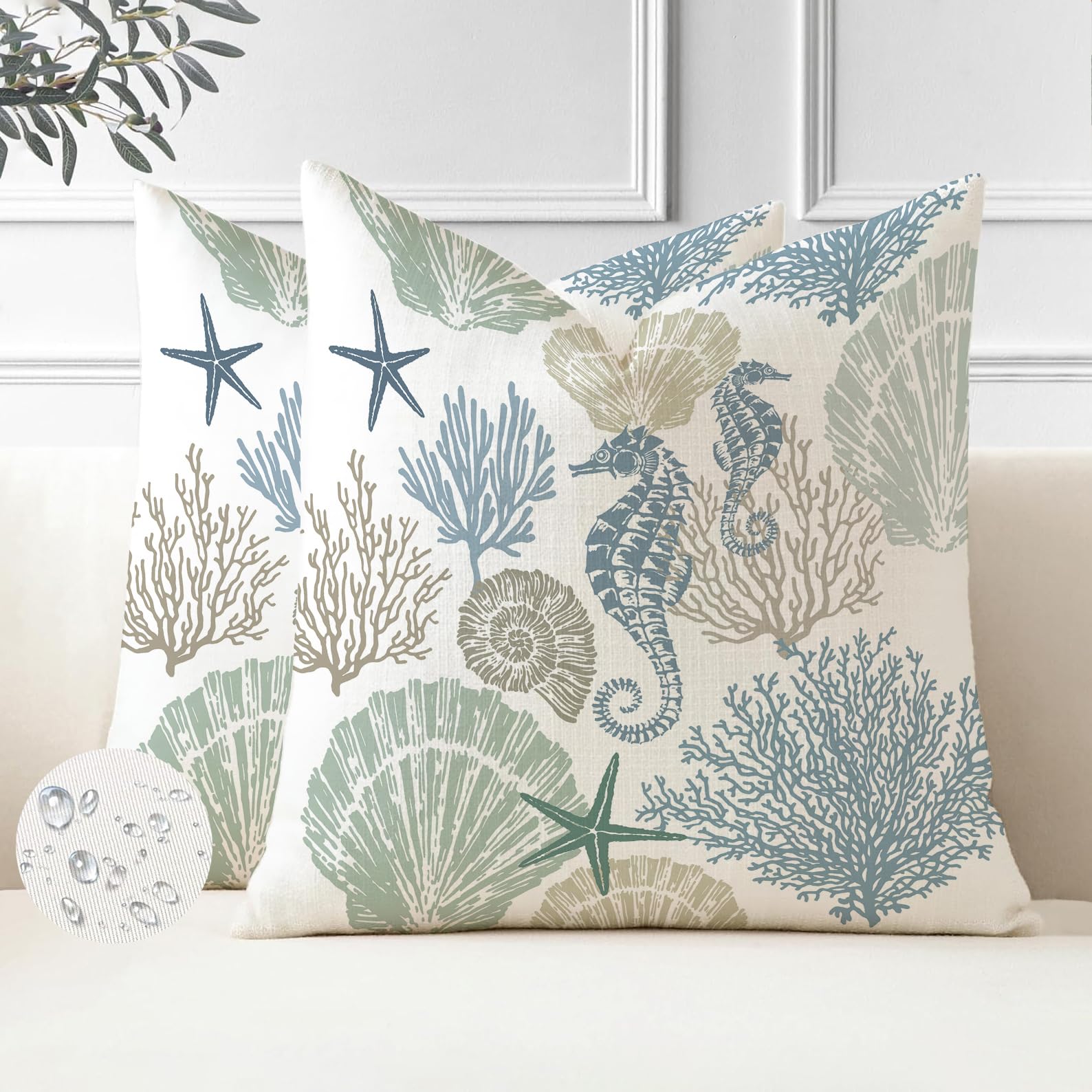 Miuyunya Set of 2 Outdoor Cushions 45 x 45 cm Weatherproof Blue Maritime Cushion Cover Spring Summer Waterproof Cushion Covers Retro Starfish Hippocampus Sofa Decorative Cushion Cover for Garden Sofa